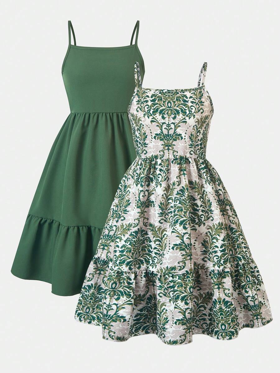 Tween girl blue plant print spaghetti strap cami dress with shirred high waist and flounce ruffled hem