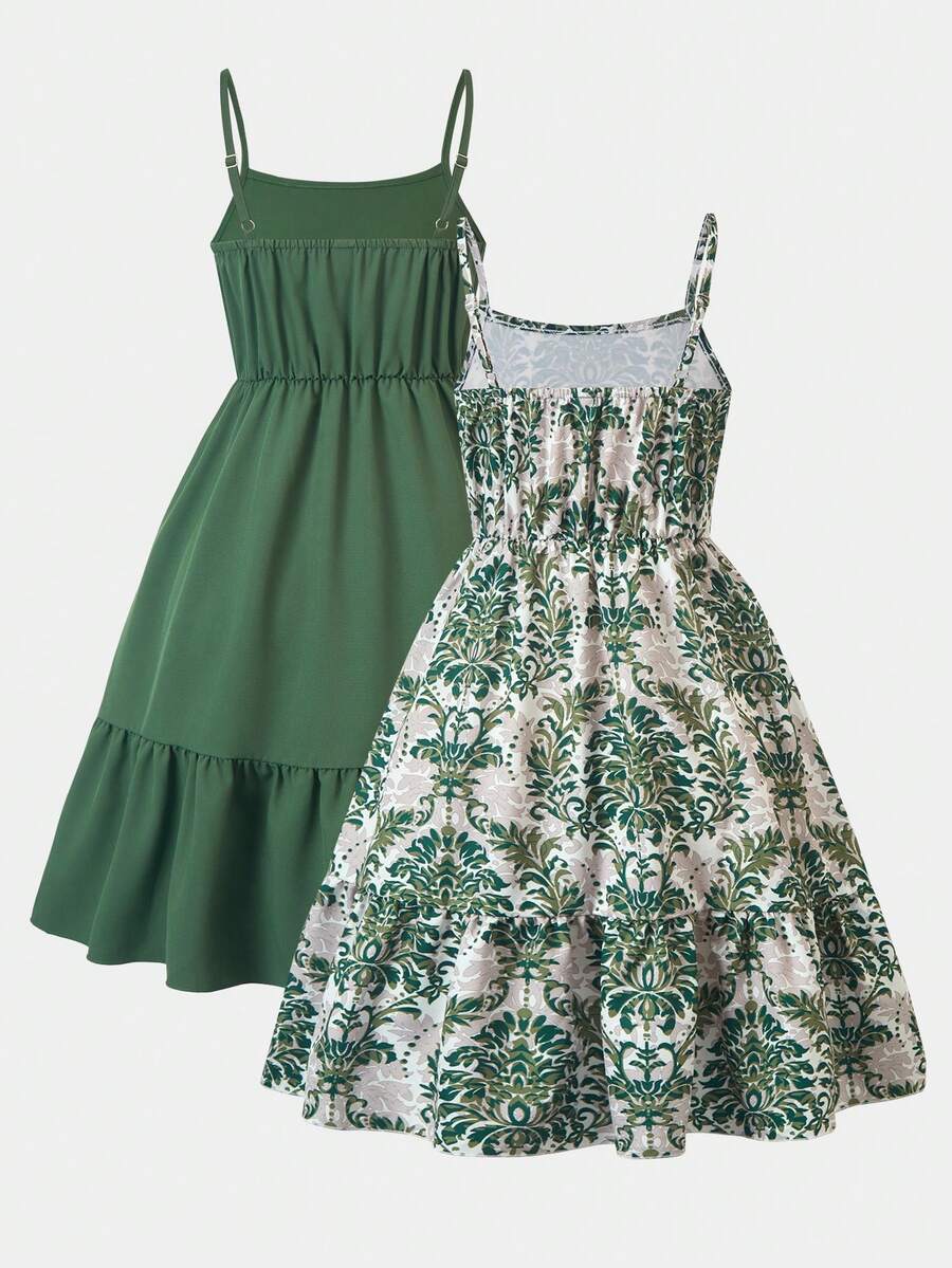 Tween girl blue plant print spaghetti strap cami dress with shirred high waist and flounce ruffled hem