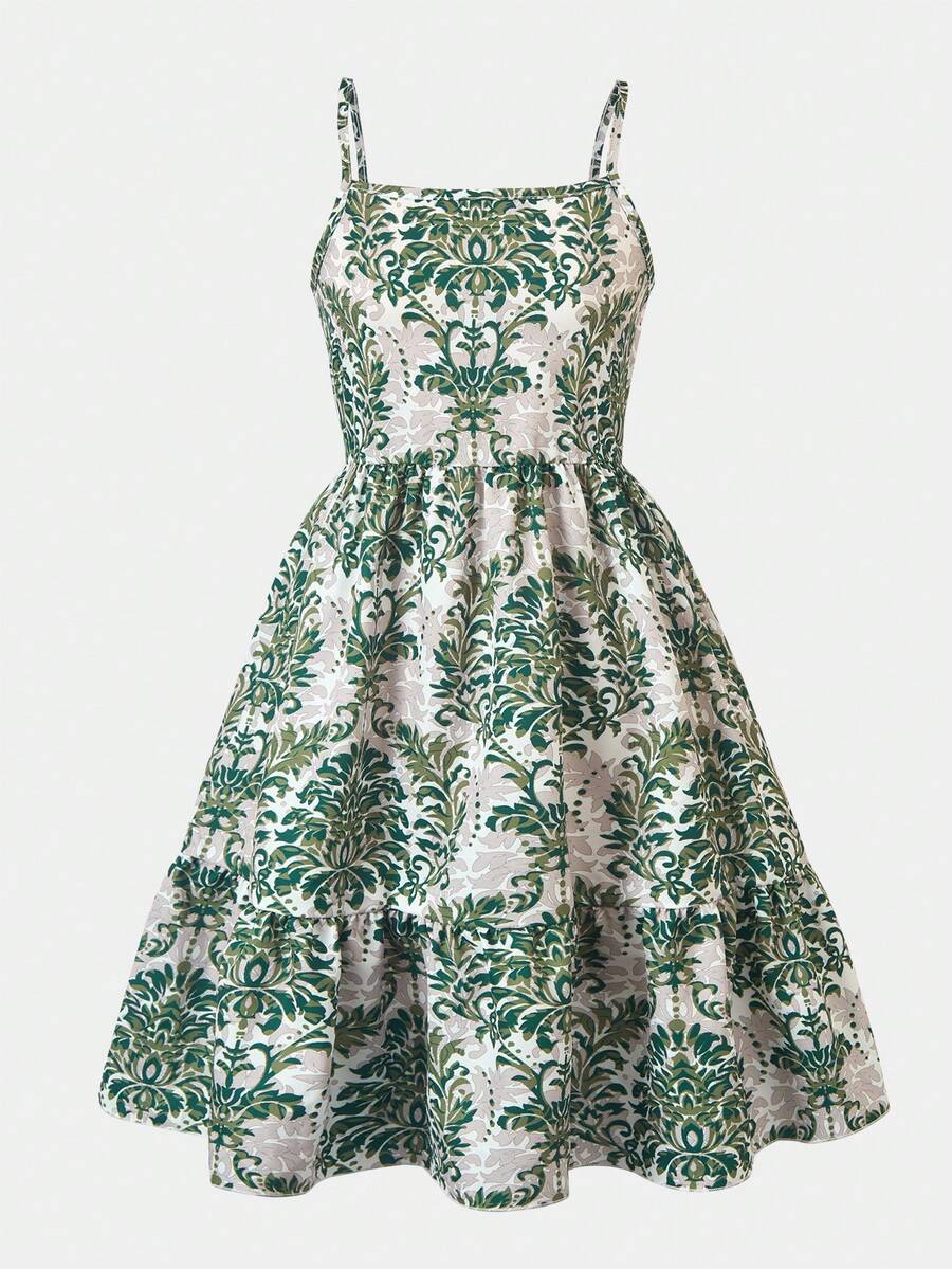 Tween girl blue plant print spaghetti strap cami dress with shirred high waist and flounce ruffled hem