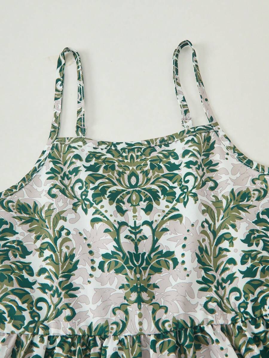 Tween girl blue plant print spaghetti strap cami dress with shirred high waist and flounce ruffled hem
