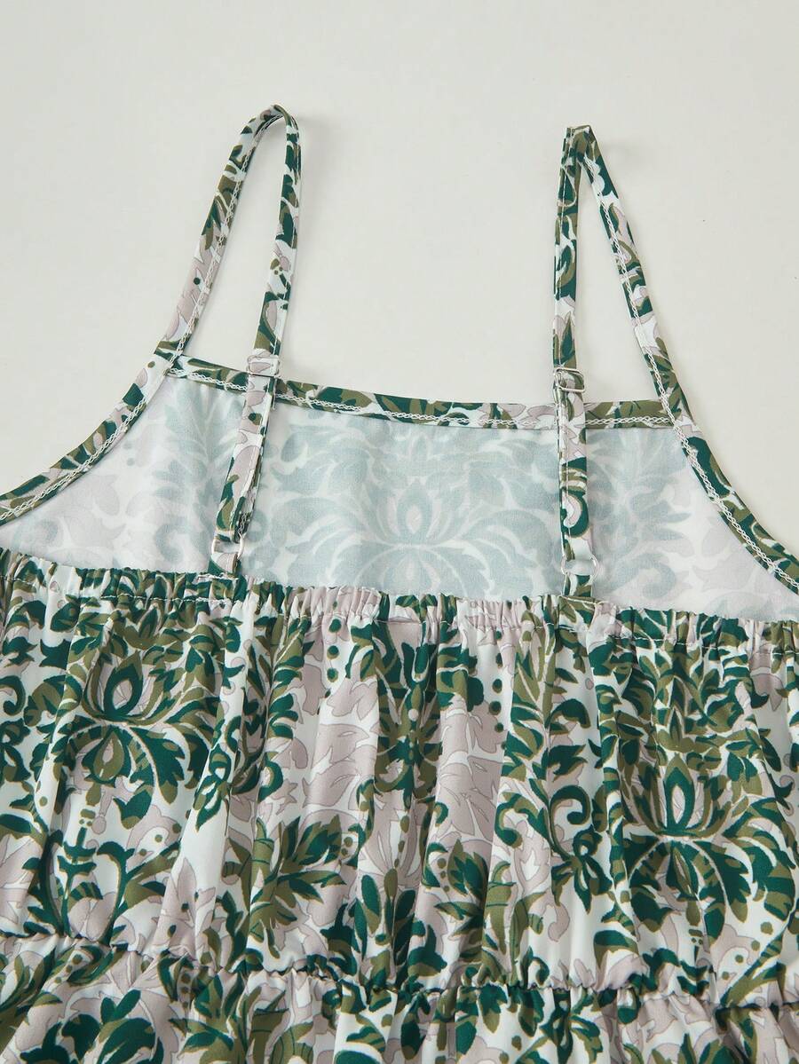 Tween girl blue plant print spaghetti strap cami dress with shirred high waist and flounce ruffled hem