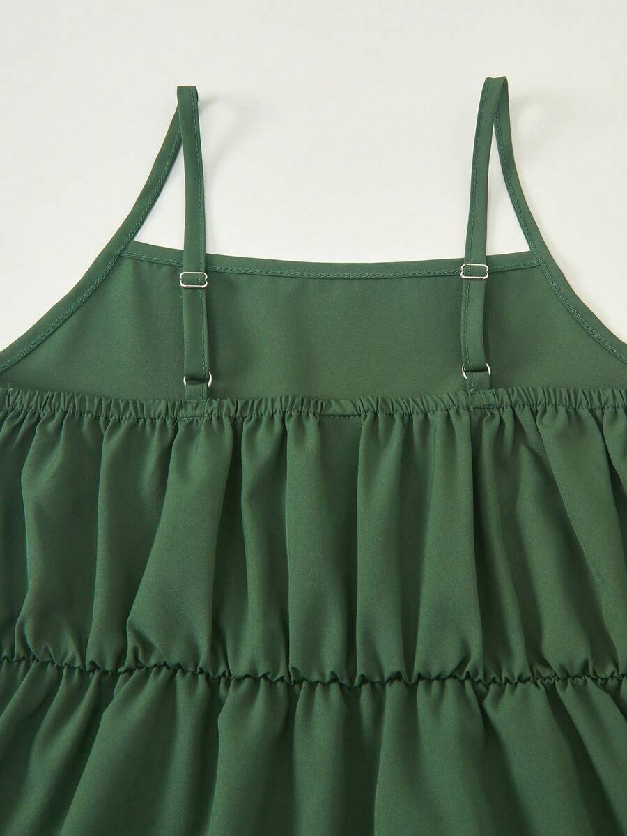 Tween girl blue plant print spaghetti strap cami dress with shirred high waist and flounce ruffled hem