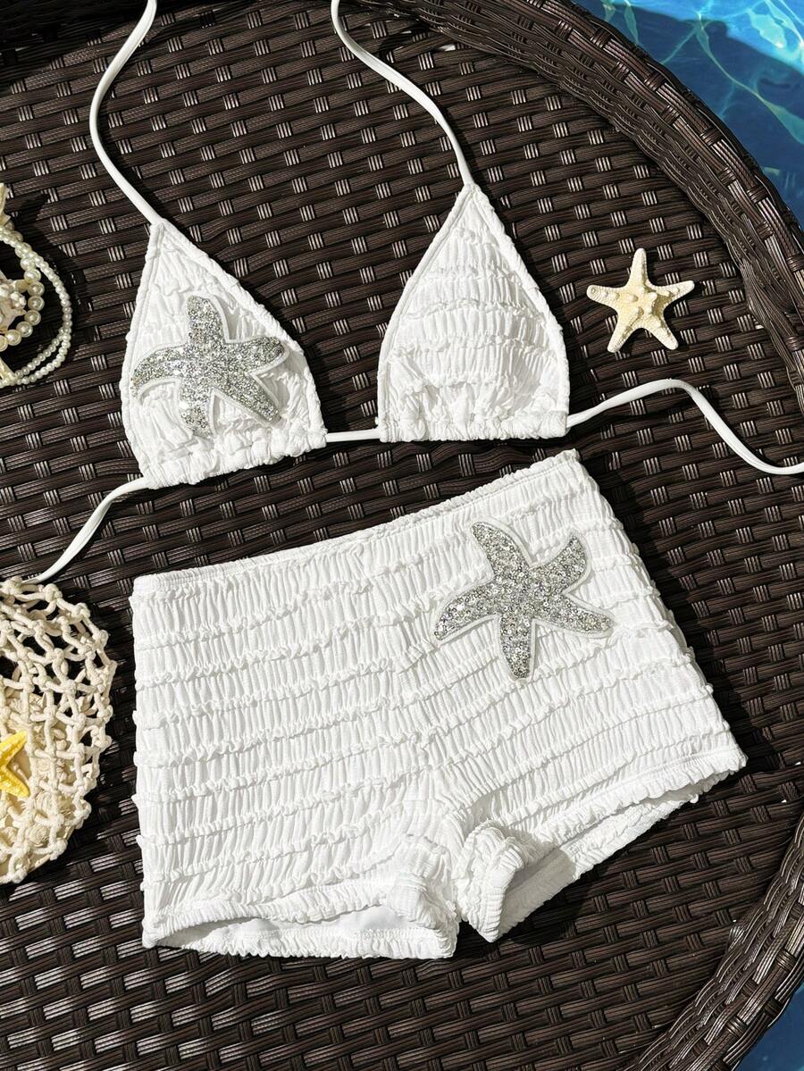Women's apricot two-piece swimsuit set with a halter tie-back top and matching high stretch shorts.