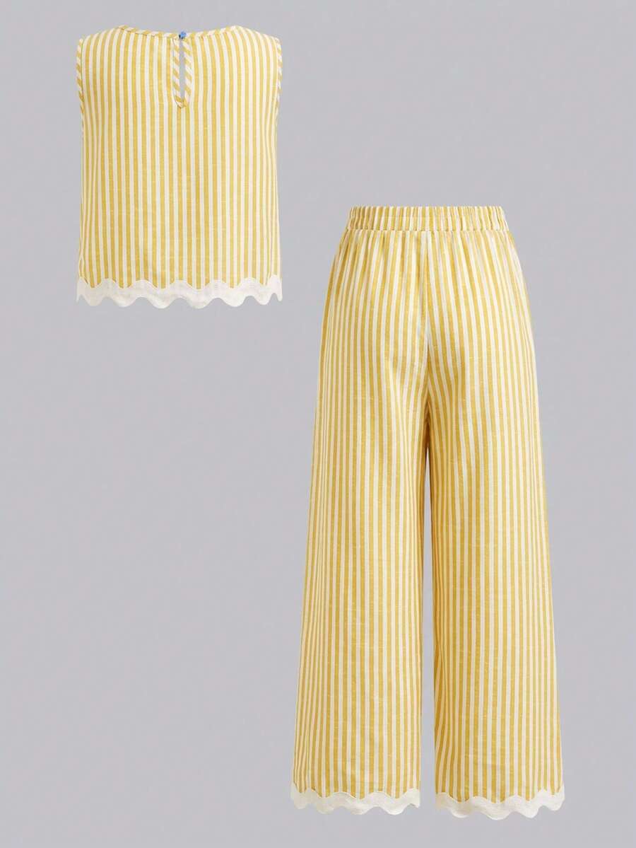 Tween girls casual apricot striped sleeveless top with round neck and ruffle hem paired with matching straight leg pants.