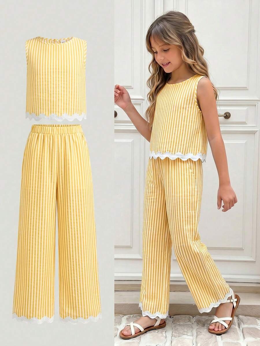 Tween girls casual apricot striped sleeveless top with round neck and ruffle hem paired with matching straight leg pants.