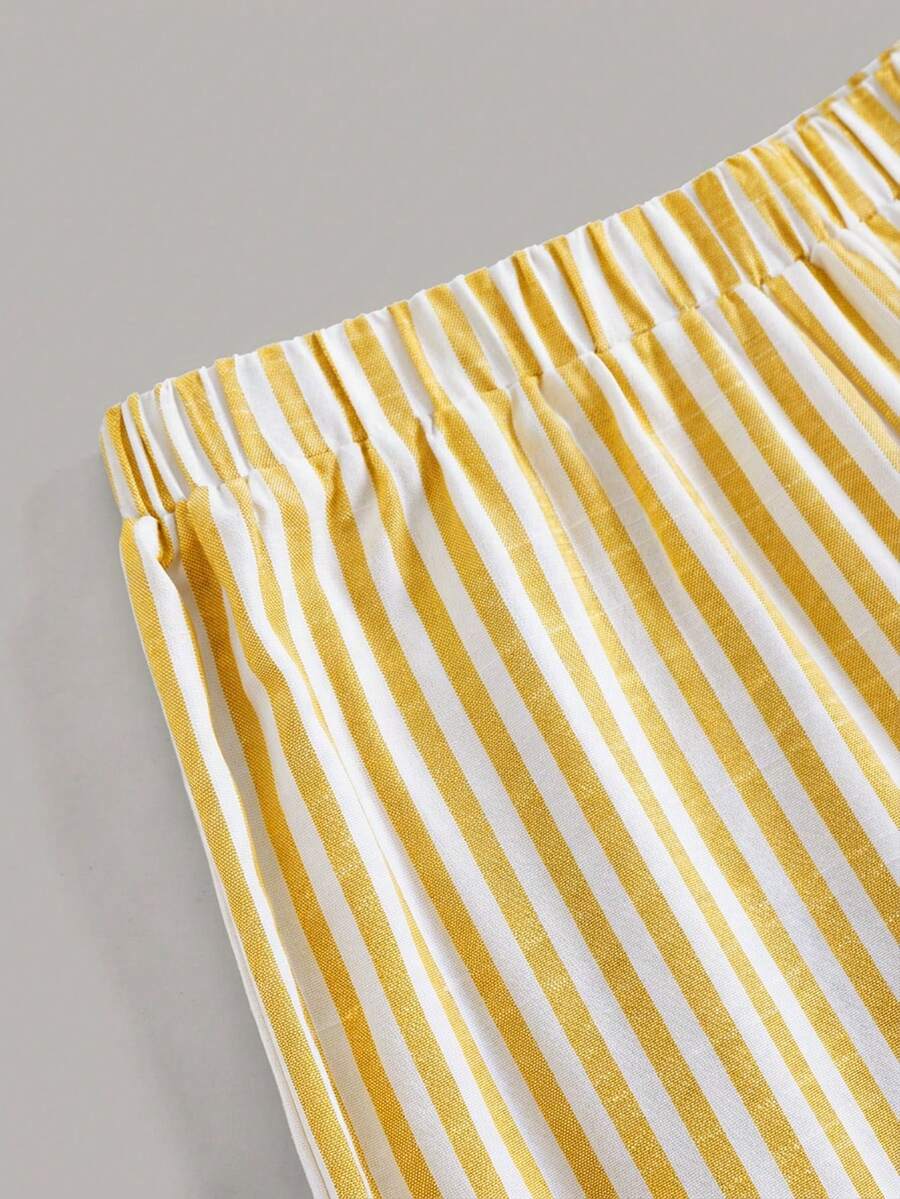 Tween girls casual apricot striped sleeveless top with round neck and ruffle hem paired with matching straight leg pants.