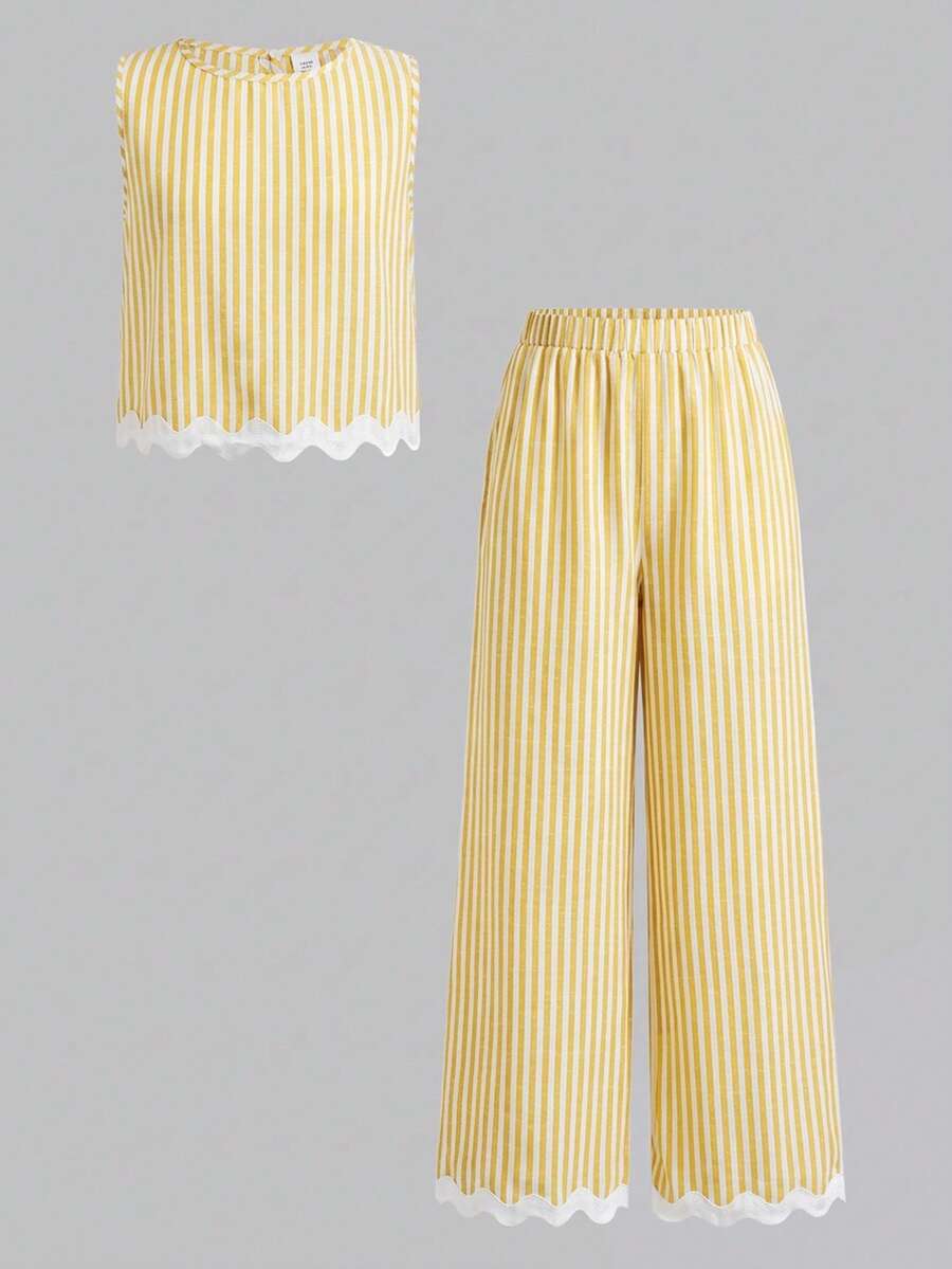 Tween girls casual apricot striped sleeveless top with round neck and ruffle hem paired with matching straight leg pants.