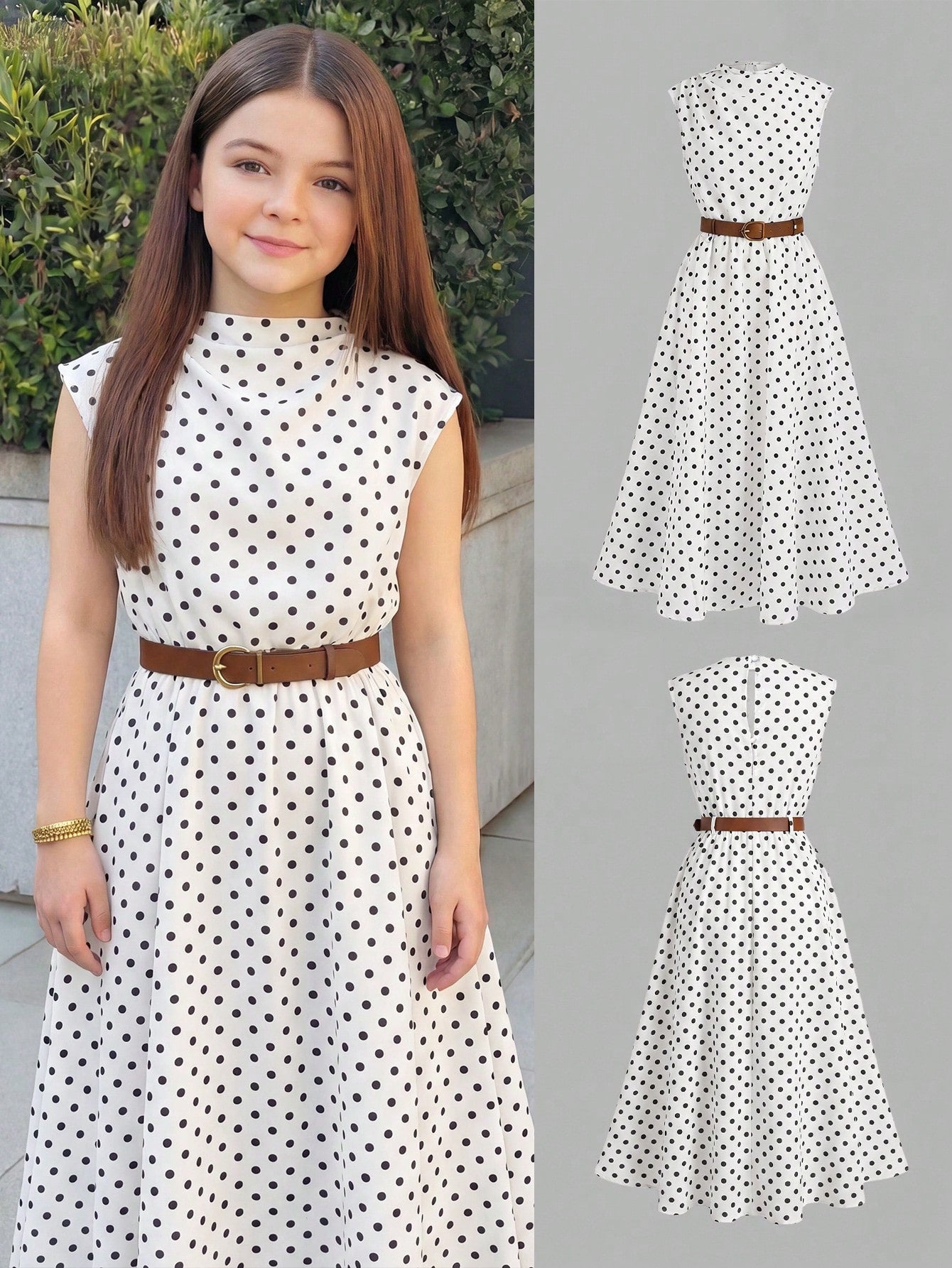 Tween girl wearing an apricot plant print long dress featuring a stand collar, short sleeves, high waist, flared hem, and back zipper closure.