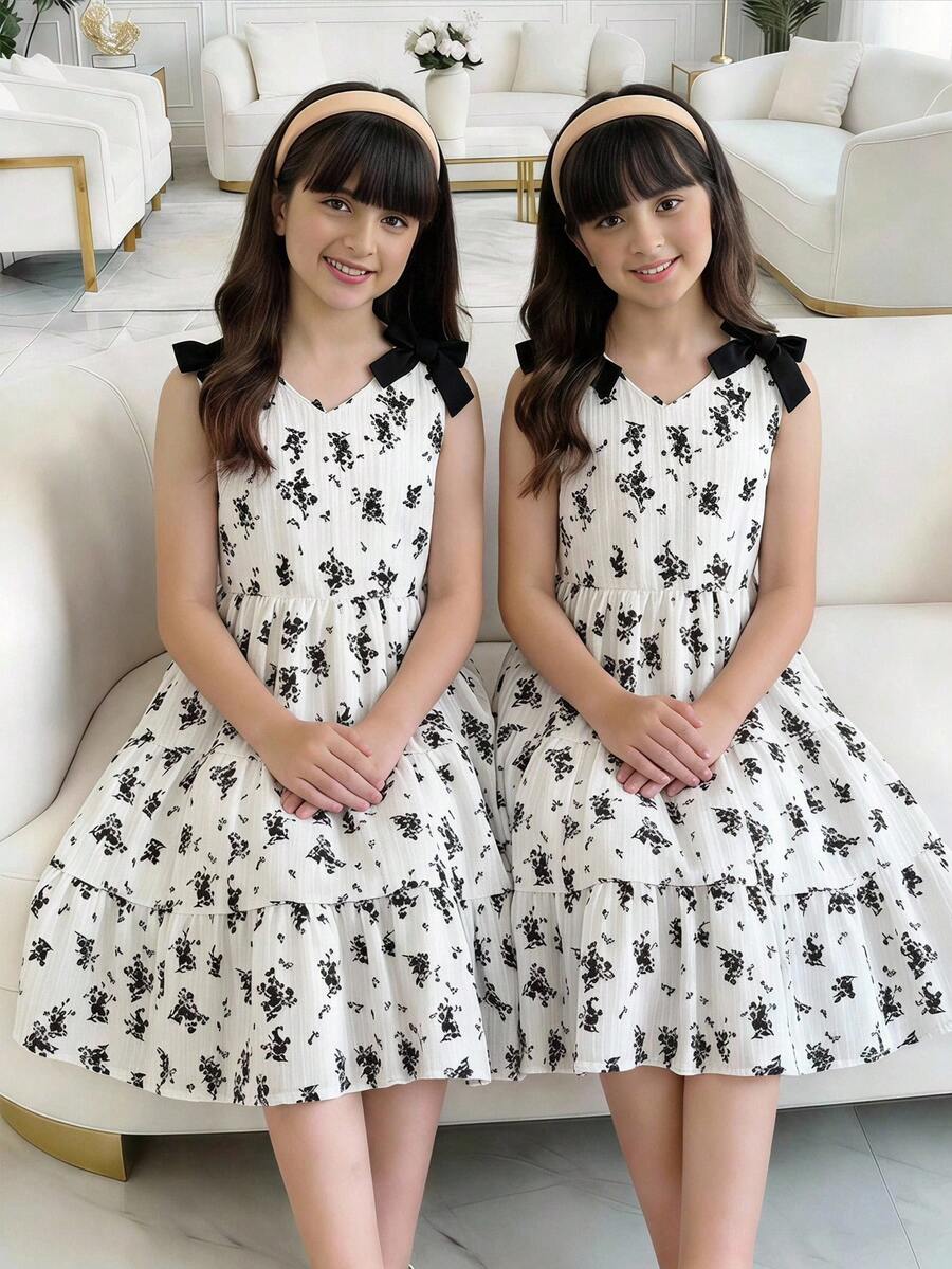 Girls sleeveless blue tiered dress featuring a V-neckline, high waist, and A-line skirt.