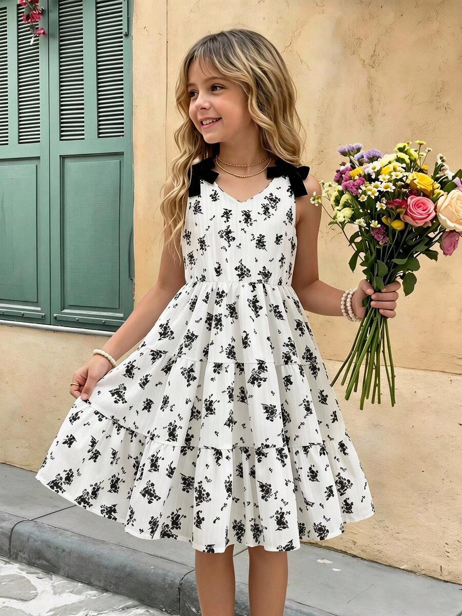 Girls sleeveless blue tiered dress featuring a V-neckline, high waist, and A-line skirt.