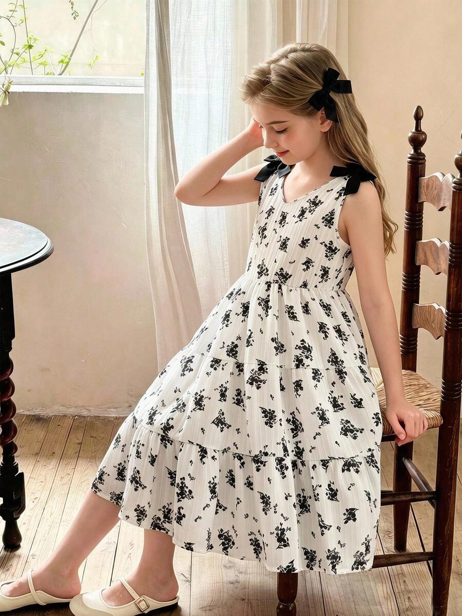 Girls sleeveless blue tiered dress featuring a V-neckline, high waist, and A-line skirt.