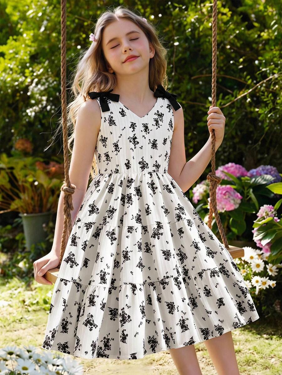 Girls sleeveless blue tiered dress featuring a V-neckline, high waist, and A-line skirt.