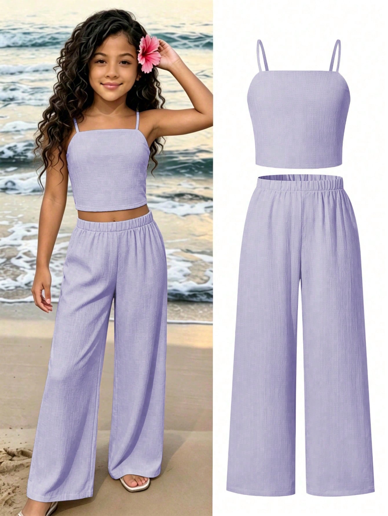 Tween girls casual 2-piece set featuring an apricot woven camisole crop top with back shirring and matching high-waisted loose long pants.