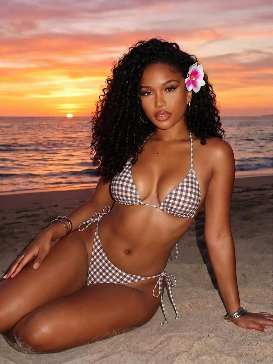 Apricot plain halter triangle bikini swimwear set with tie back top and low waist tie side thong bottom for women