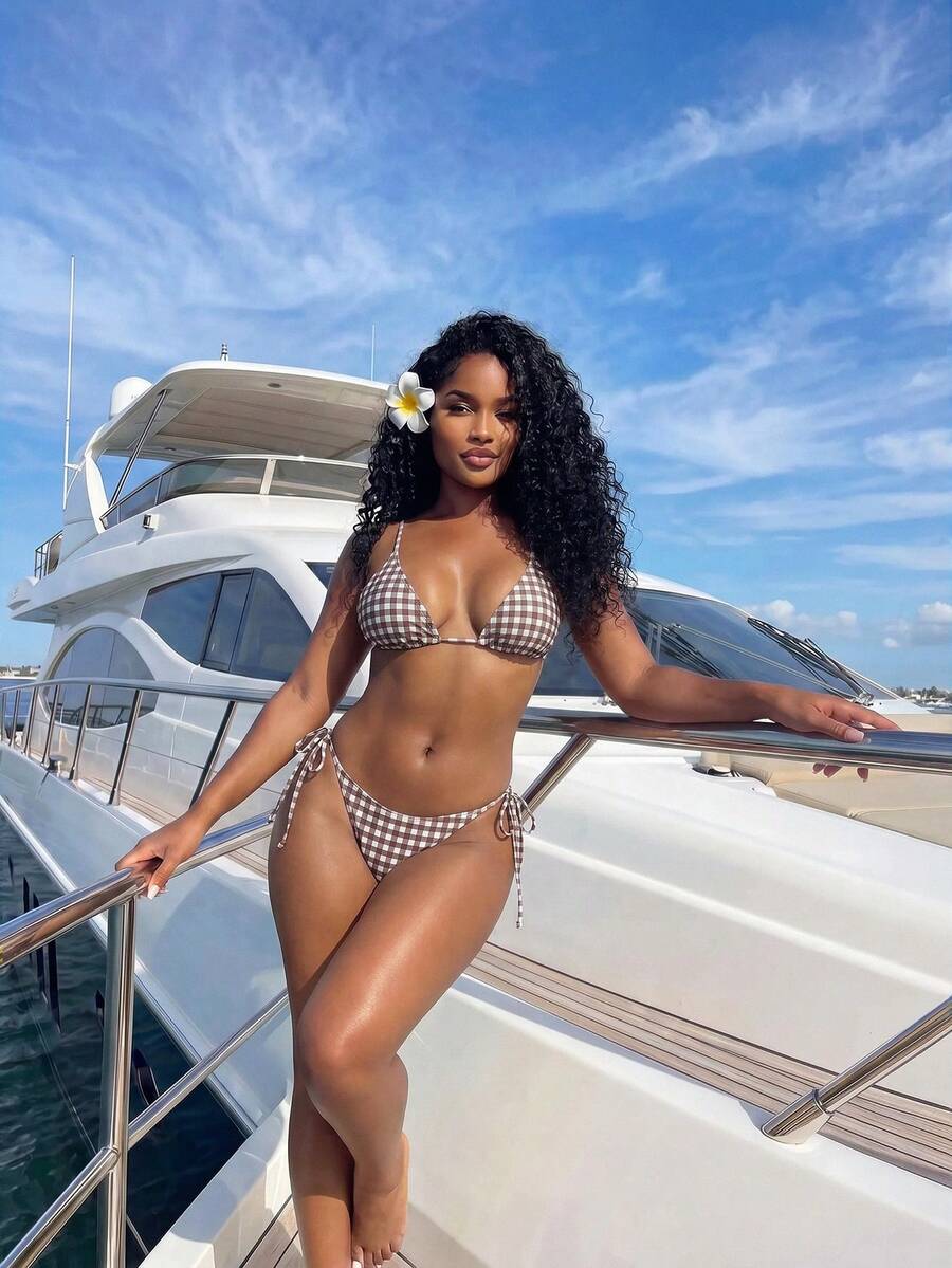 Apricot plain halter triangle bikini swimwear set with tie back top and low waist tie side thong bottom for women