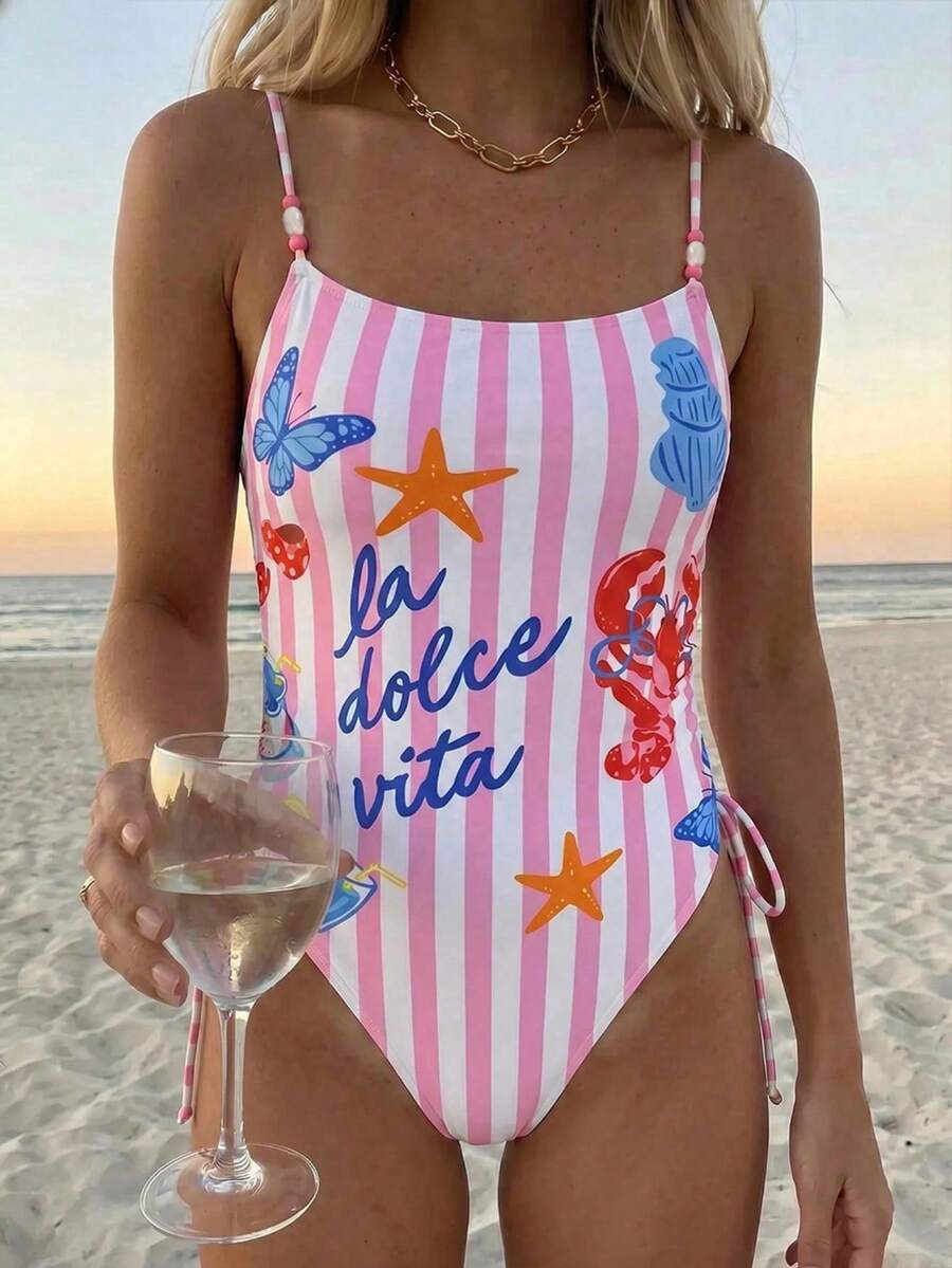 Women's blue backless one-piece swimsuit featuring spaghetti straps, wireless bra with removable padding, and drawstring details.