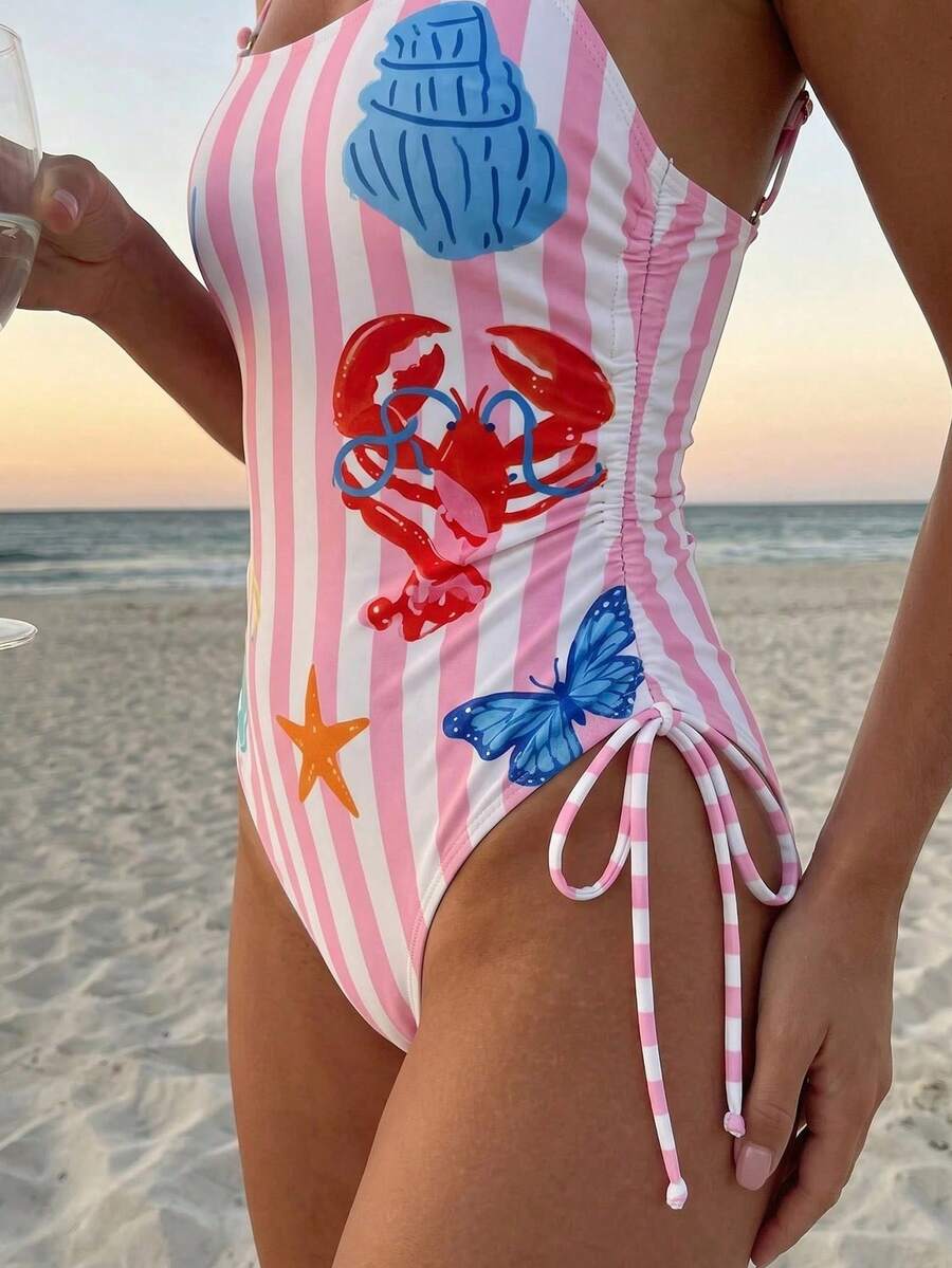 Women's blue backless one-piece swimsuit featuring spaghetti straps, wireless bra with removable padding, and drawstring details.