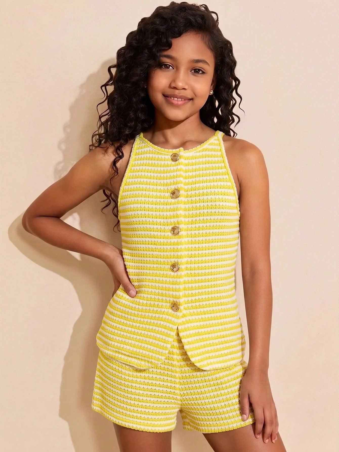 Tween girls apricot striped knit camisole top with button front paired with matching casual elastic waist shorts