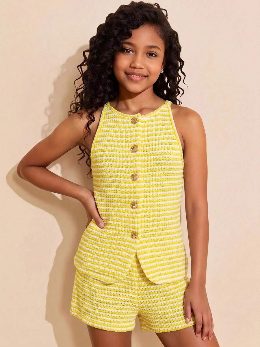 Tween girls apricot striped knit camisole top with button front paired with matching casual elastic waist shorts