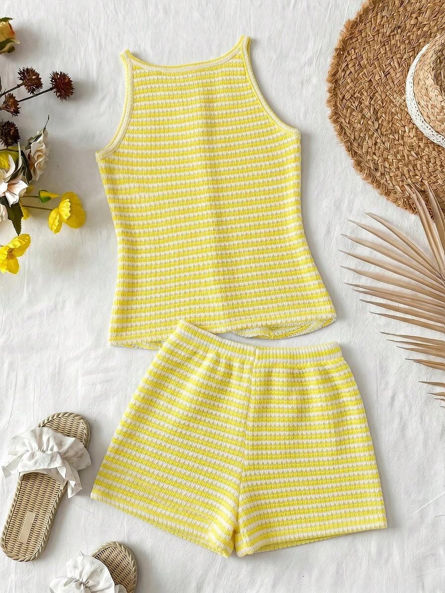 Tween girls apricot striped knit camisole top with button front paired with matching casual elastic waist shorts