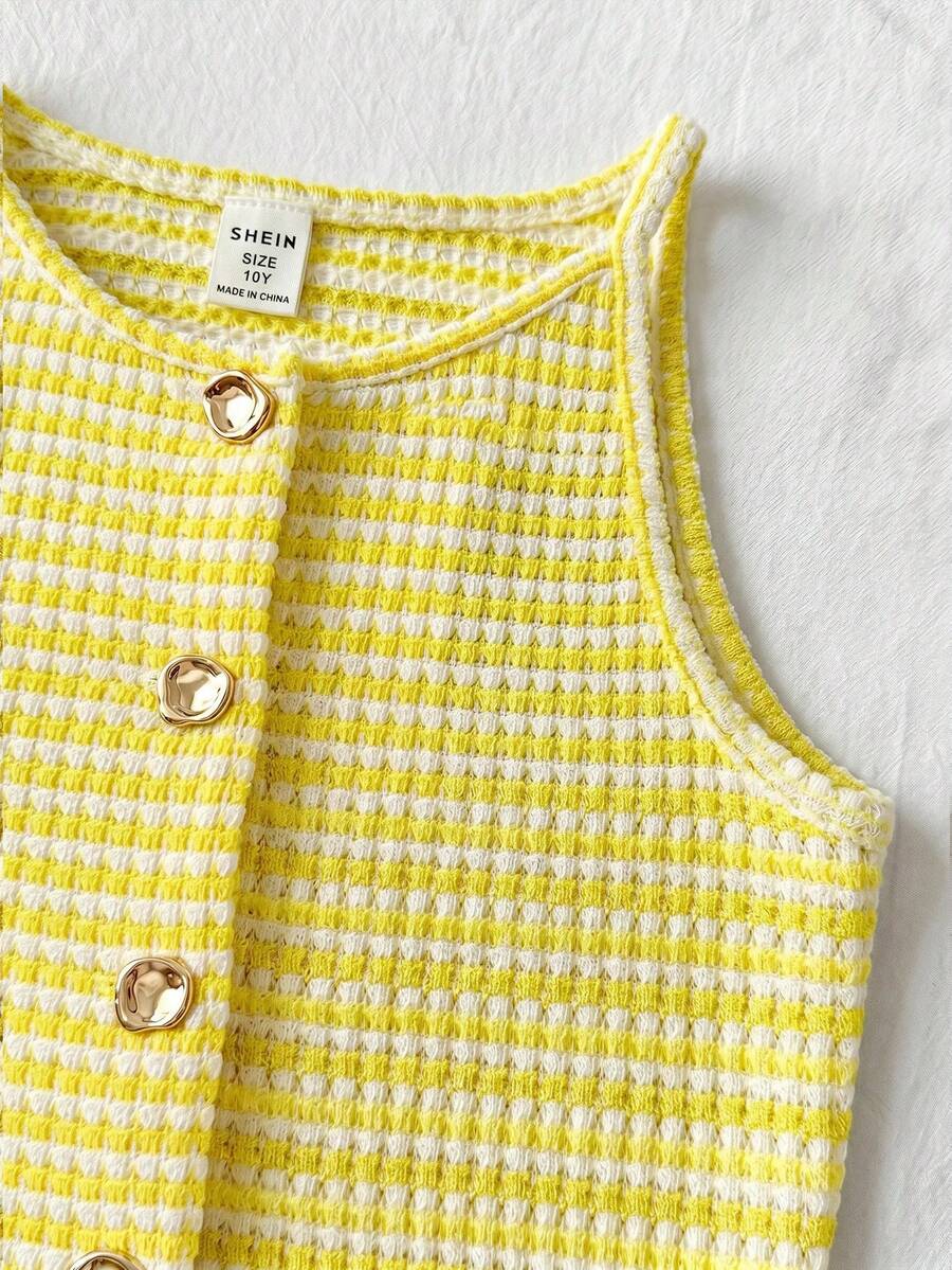 Tween girls apricot striped knit camisole top with button front paired with matching casual elastic waist shorts
