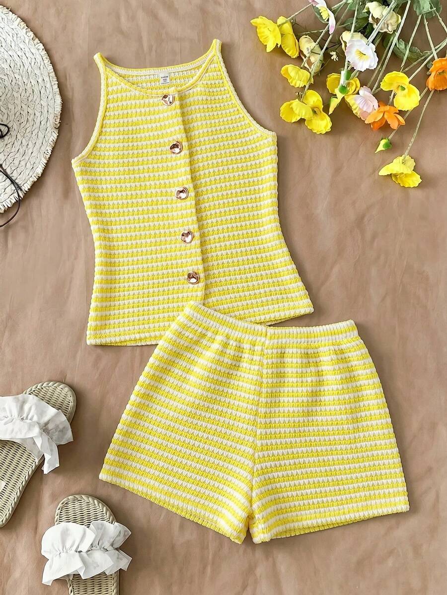 Tween girls apricot striped knit camisole top with button front paired with matching casual elastic waist shorts