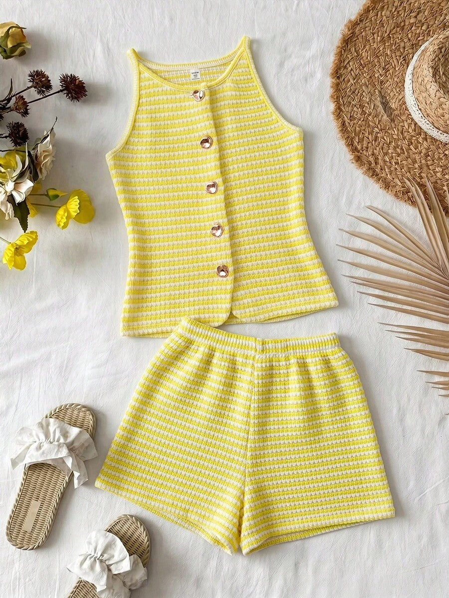Tween girls apricot striped knit camisole top with button front paired with matching casual elastic waist shorts