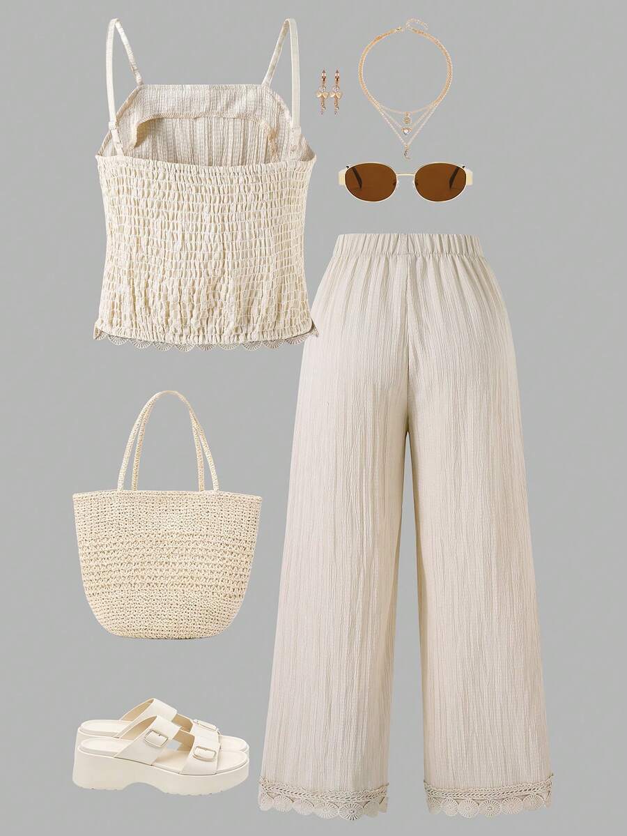 Tween girls casual 2-piece set featuring an apricot woven camisole crop top with back shirring and matching high-waisted loose long pants.