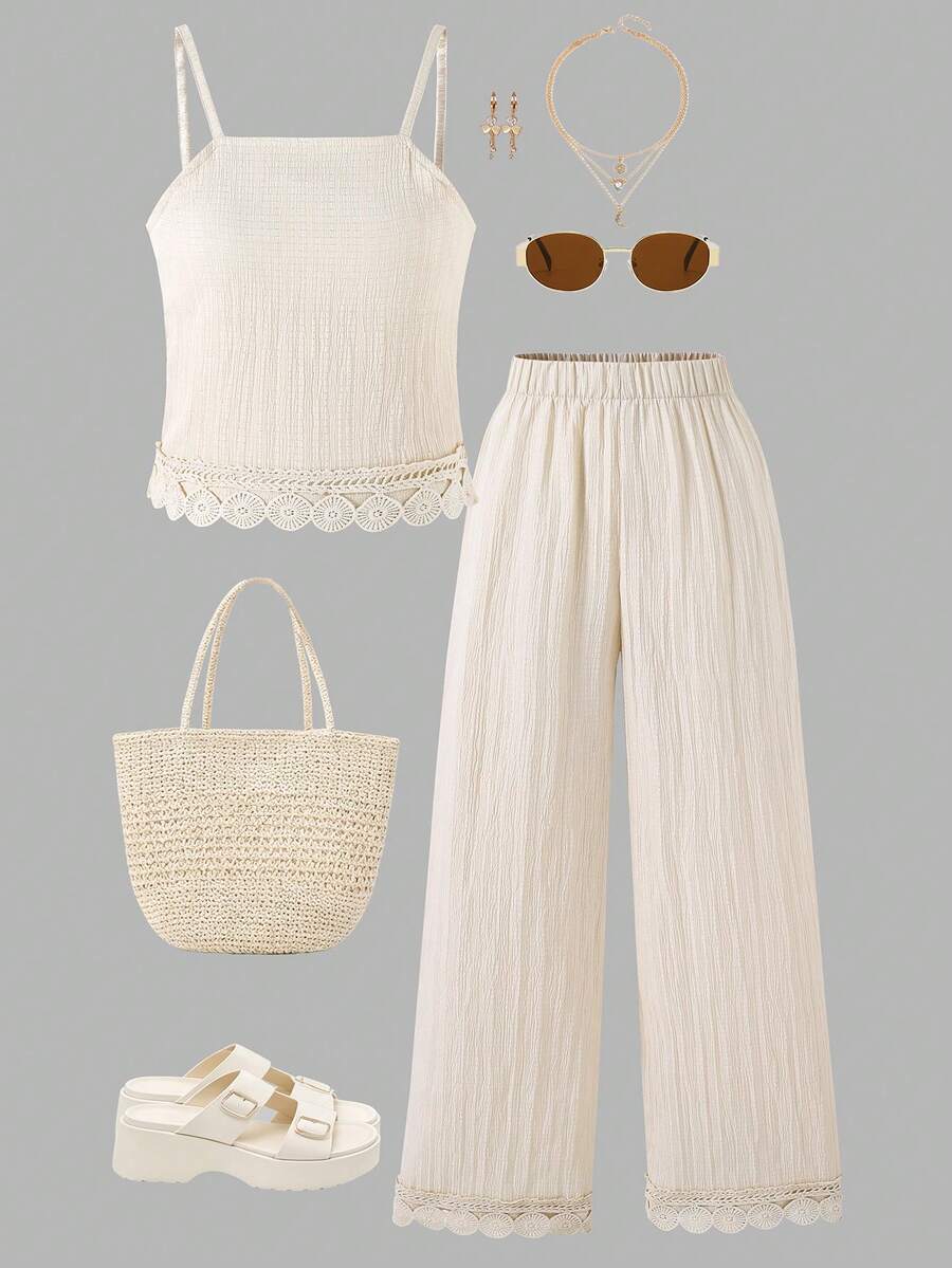 Tween girls casual 2-piece set featuring an apricot woven camisole crop top with back shirring and matching high-waisted loose long pants.