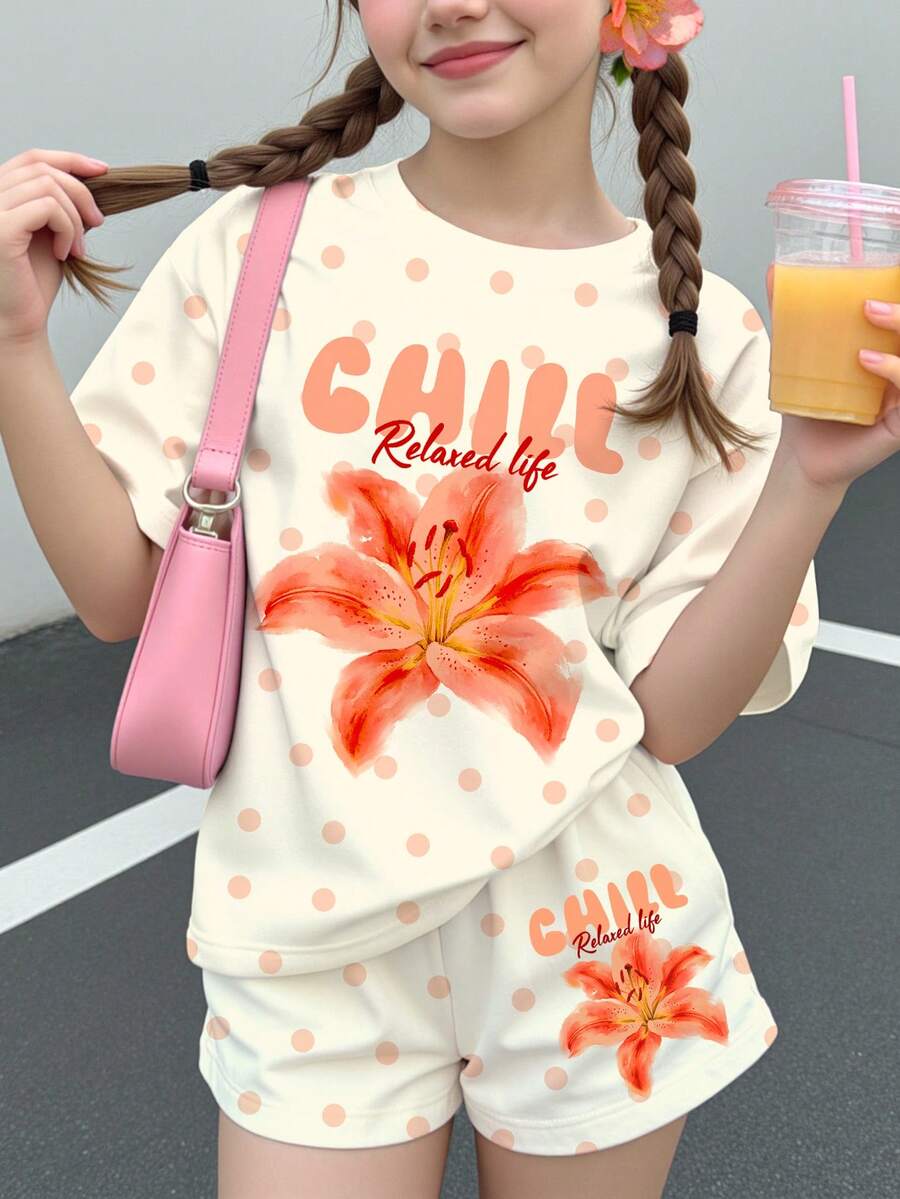 Multicolor heart print short sleeve top and loose shorts 2-piece set for tween girls