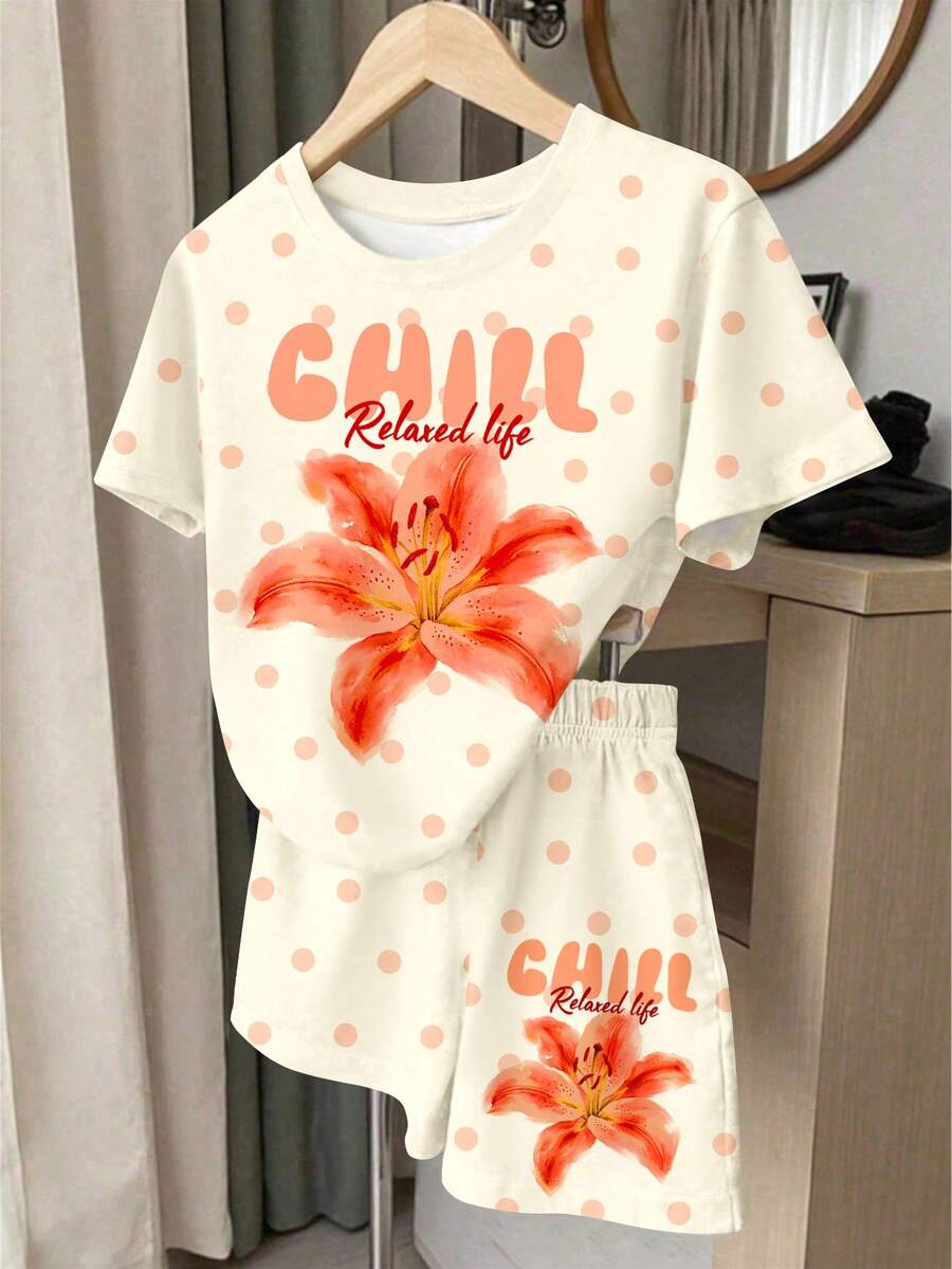Multicolor heart print short sleeve top and loose shorts 2-piece set for tween girls