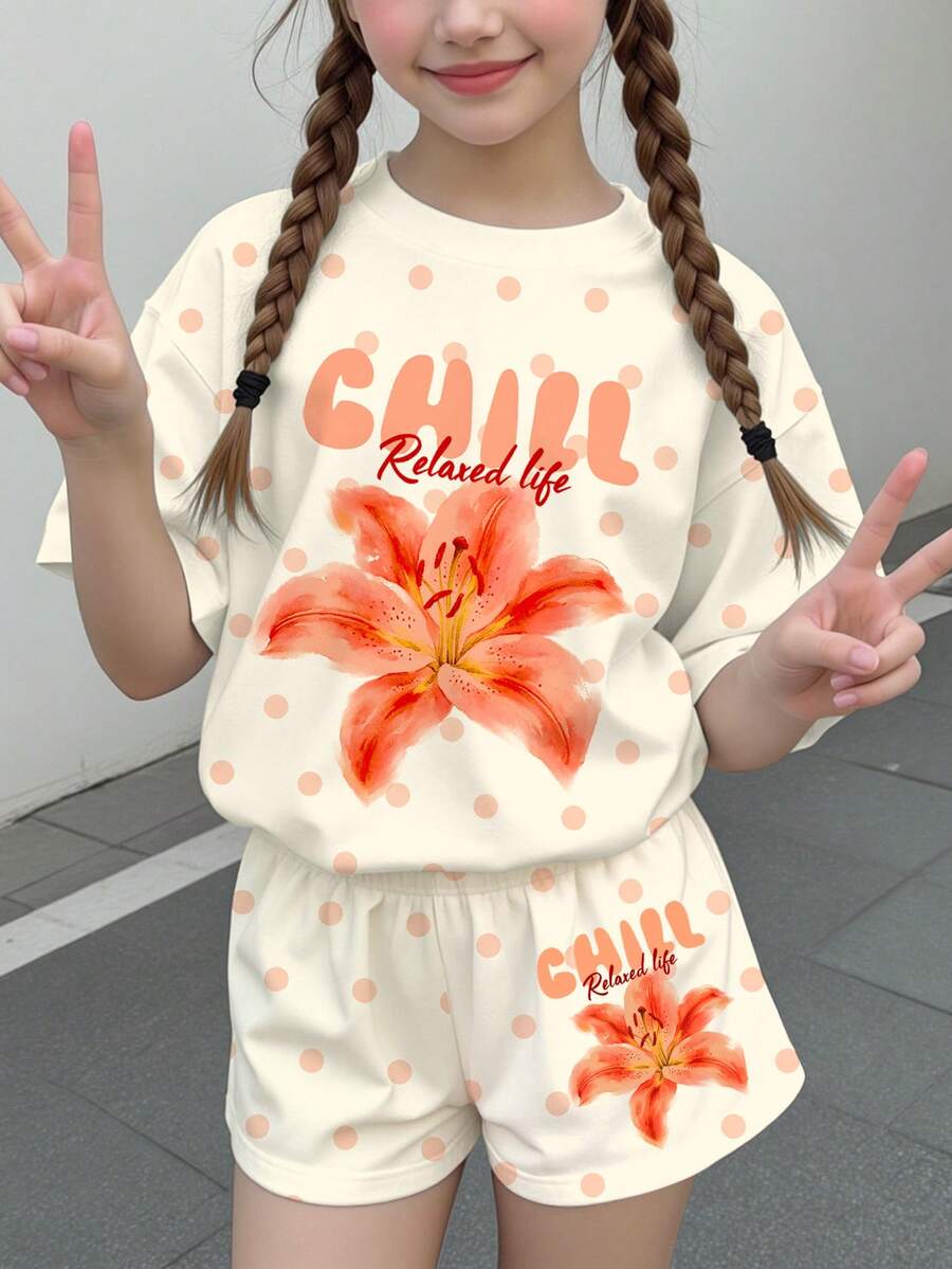 Multicolor heart print short sleeve top and loose shorts 2-piece set for tween girls
