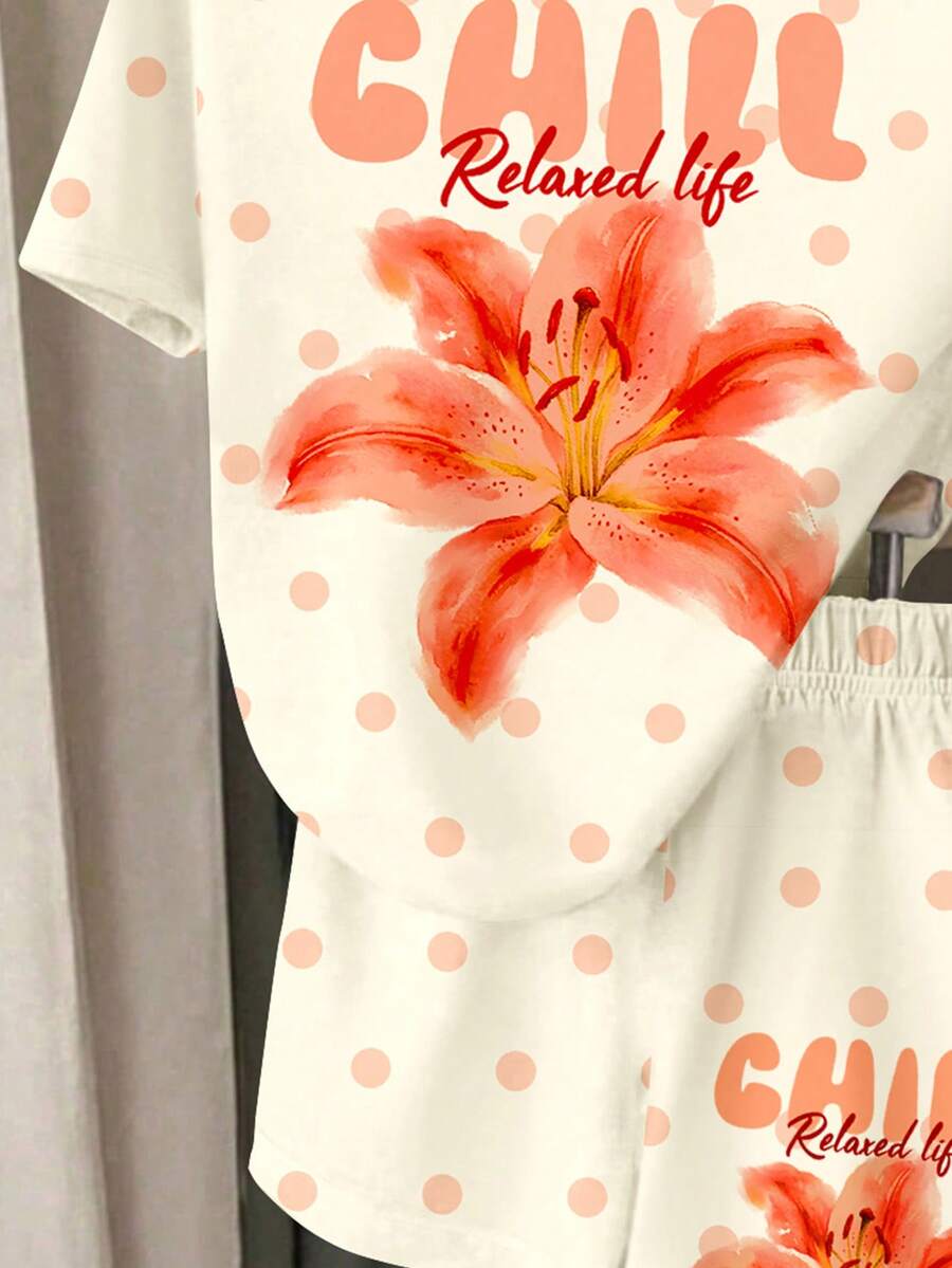 Multicolor heart print short sleeve top and loose shorts 2-piece set for tween girls
