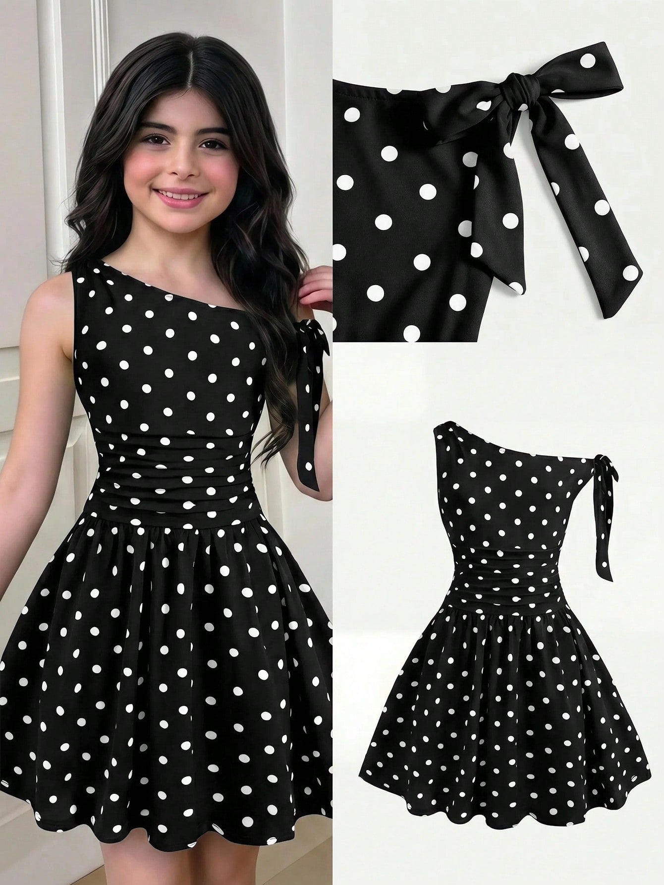 Tween girl wearing an apricot asymmetrical tiered sleeveless party dress with an A-line silhouette.