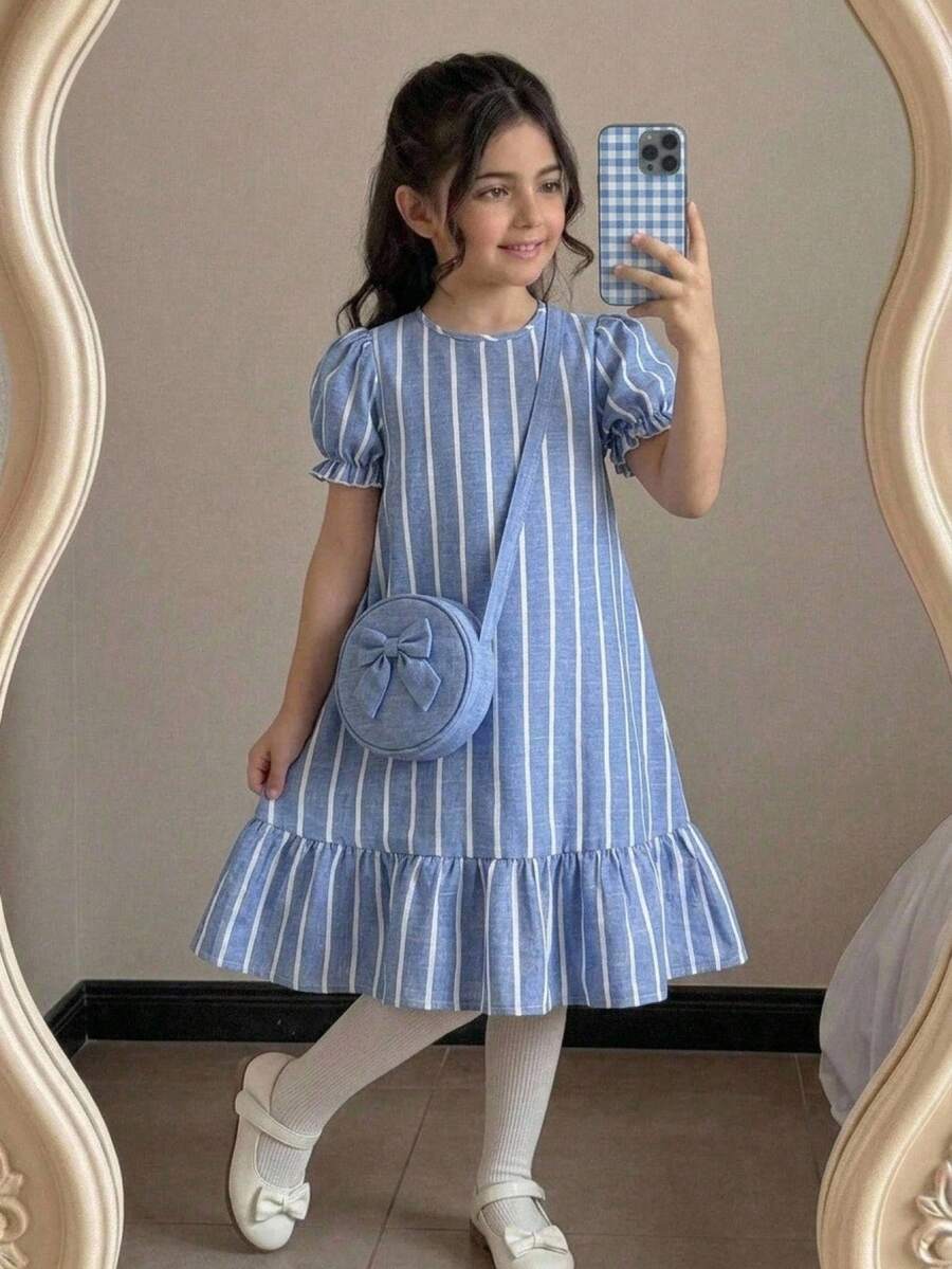 Tween girl blue and white striped A-line casual dress featuring round neck, puff short sleeves, high waist, and flounce ruffle hem.