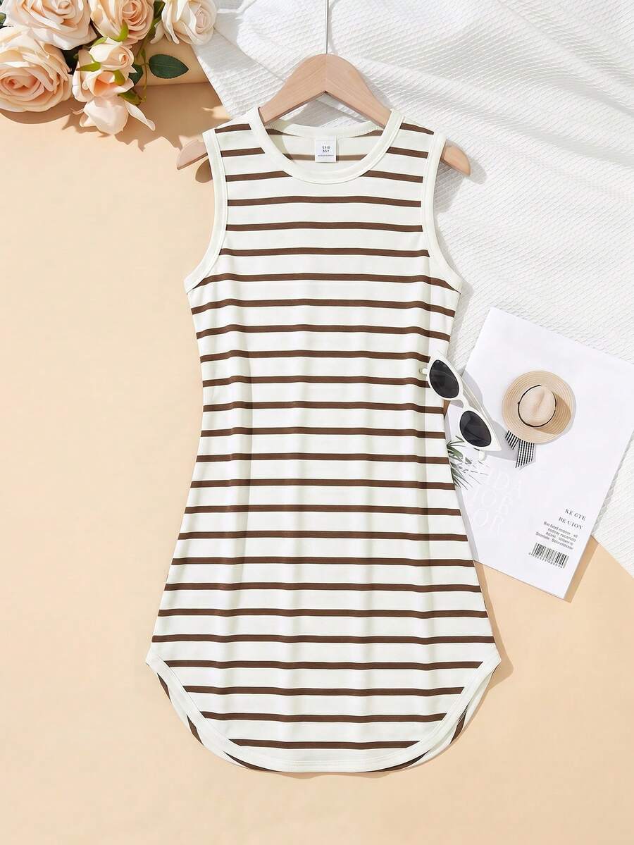 Tween girls sleeveless tie-dye tank dress with round neck, loose fit, short length, and asymmetrical hem in a casual streetwear style