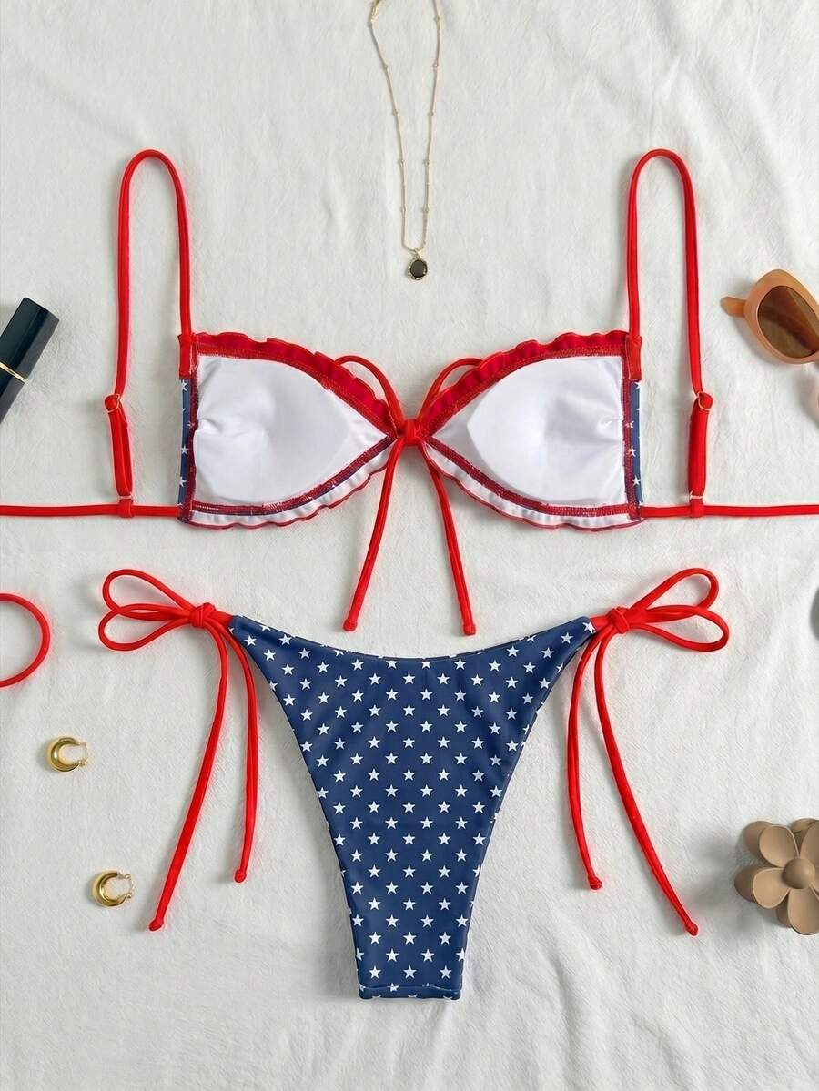 Women's beige two-piece bikini set featuring a wireless top with removable padding, spaghetti straps, tie back detail, and low waist hipster swimsuit bottoms.