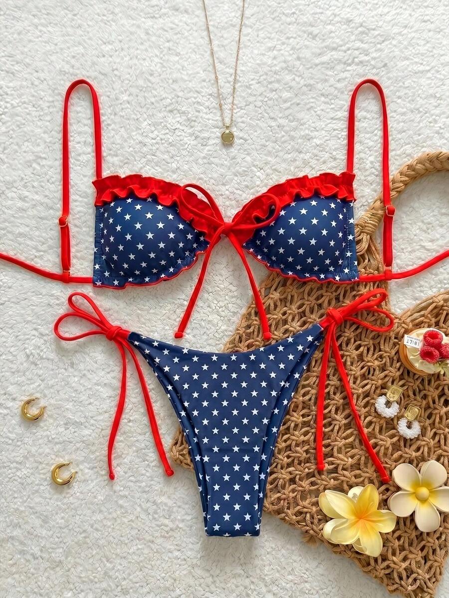 Women's beige two-piece bikini set featuring a wireless top with removable padding, spaghetti straps, tie back detail, and low waist hipster swimsuit bottoms.