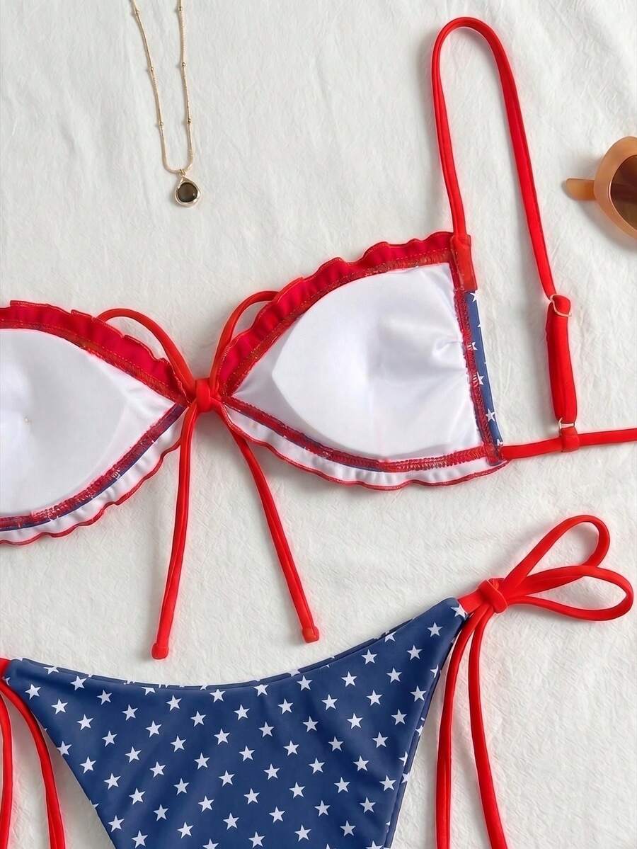 Women's beige two-piece bikini set featuring a wireless top with removable padding, spaghetti straps, tie back detail, and low waist hipster swimsuit bottoms.