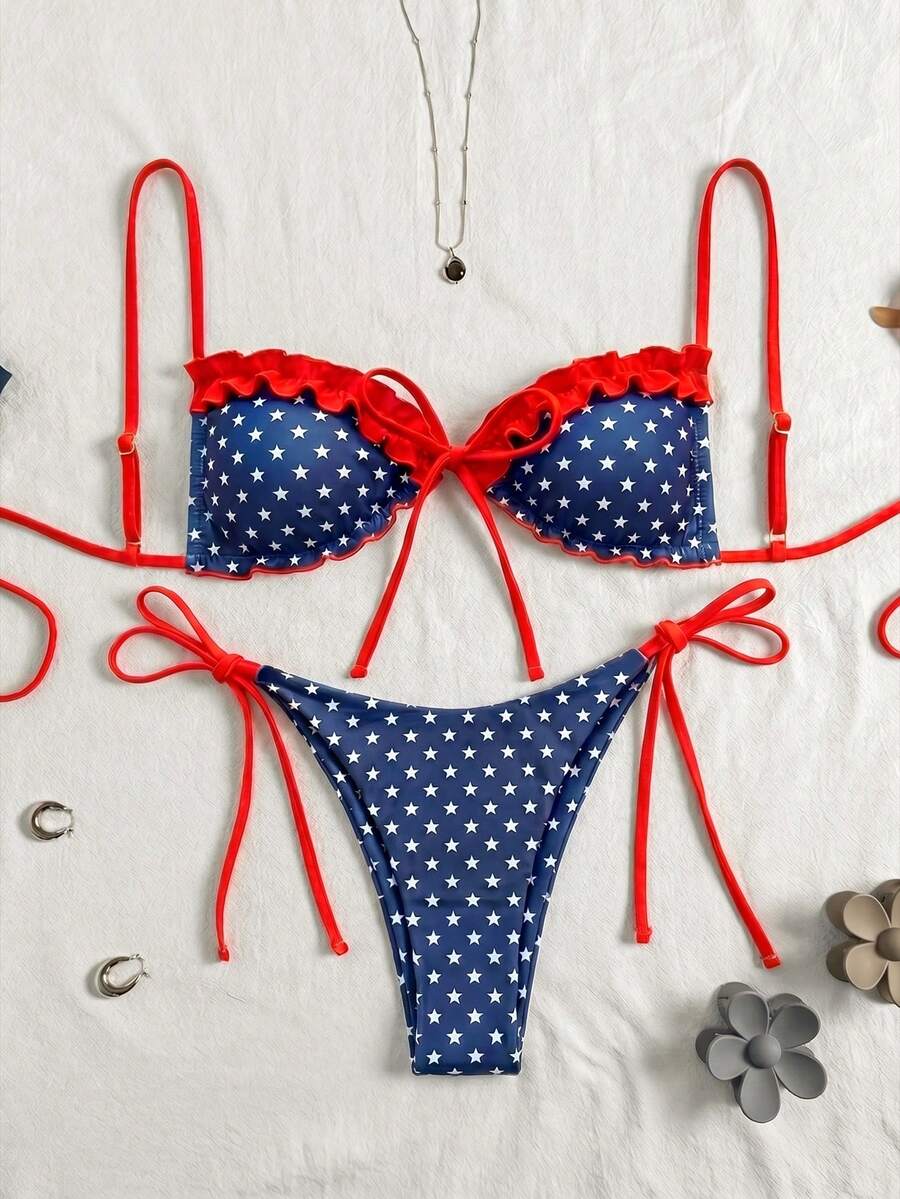 Women's beige two-piece bikini set featuring a wireless top with removable padding, spaghetti straps, tie back detail, and low waist hipster swimsuit bottoms.