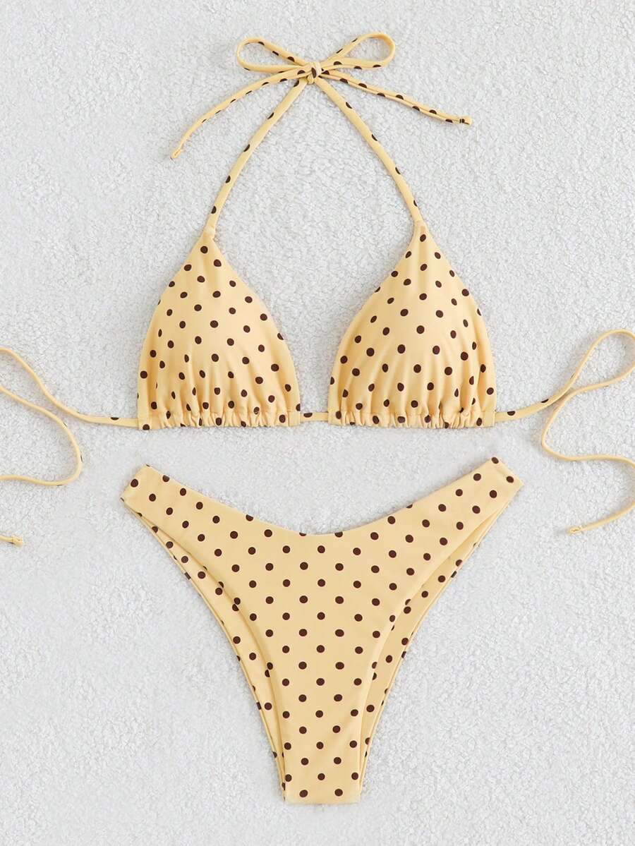 Polka dot halter bikini set for women featuring a back-tie triangle top with removable padding and high-waist high-cut bikini bottoms.
