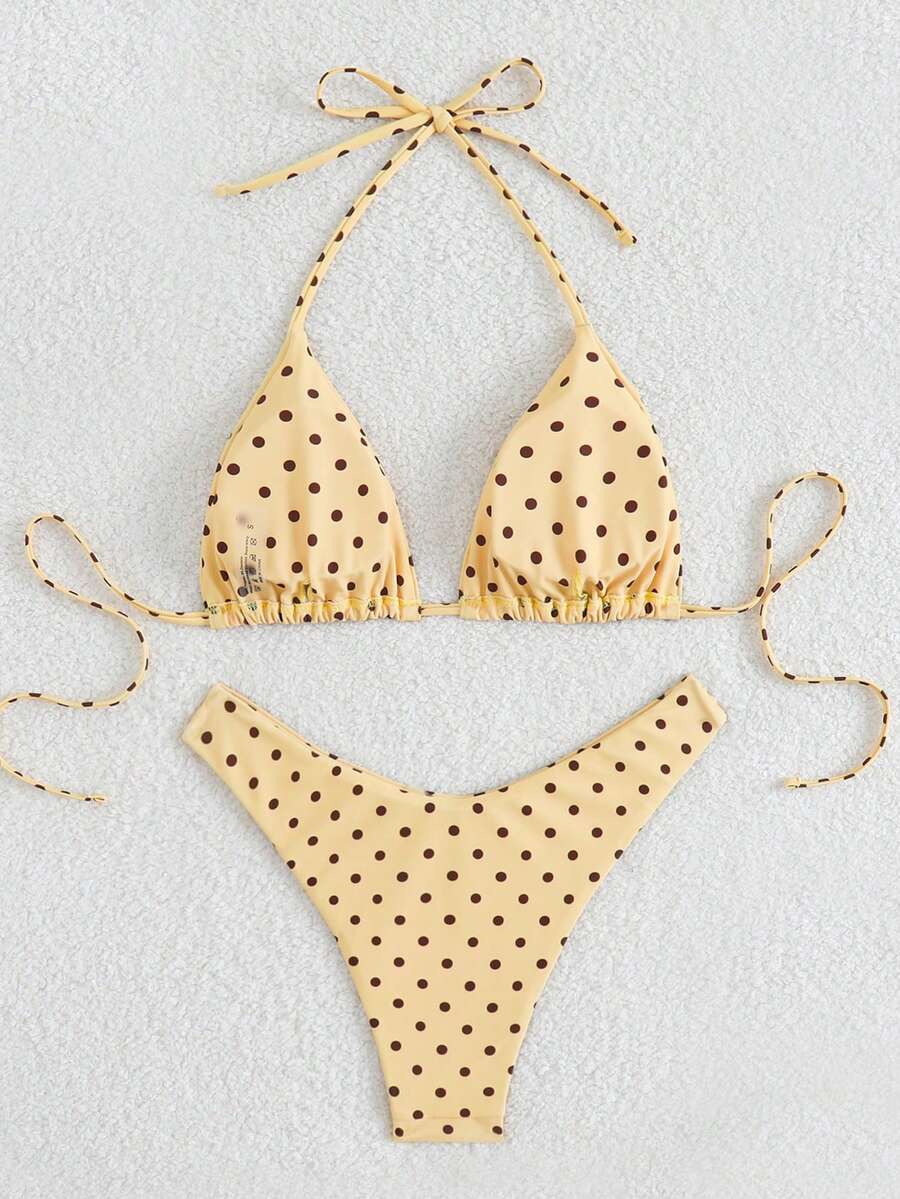 Polka dot halter bikini set for women featuring a back-tie triangle top with removable padding and high-waist high-cut bikini bottoms.