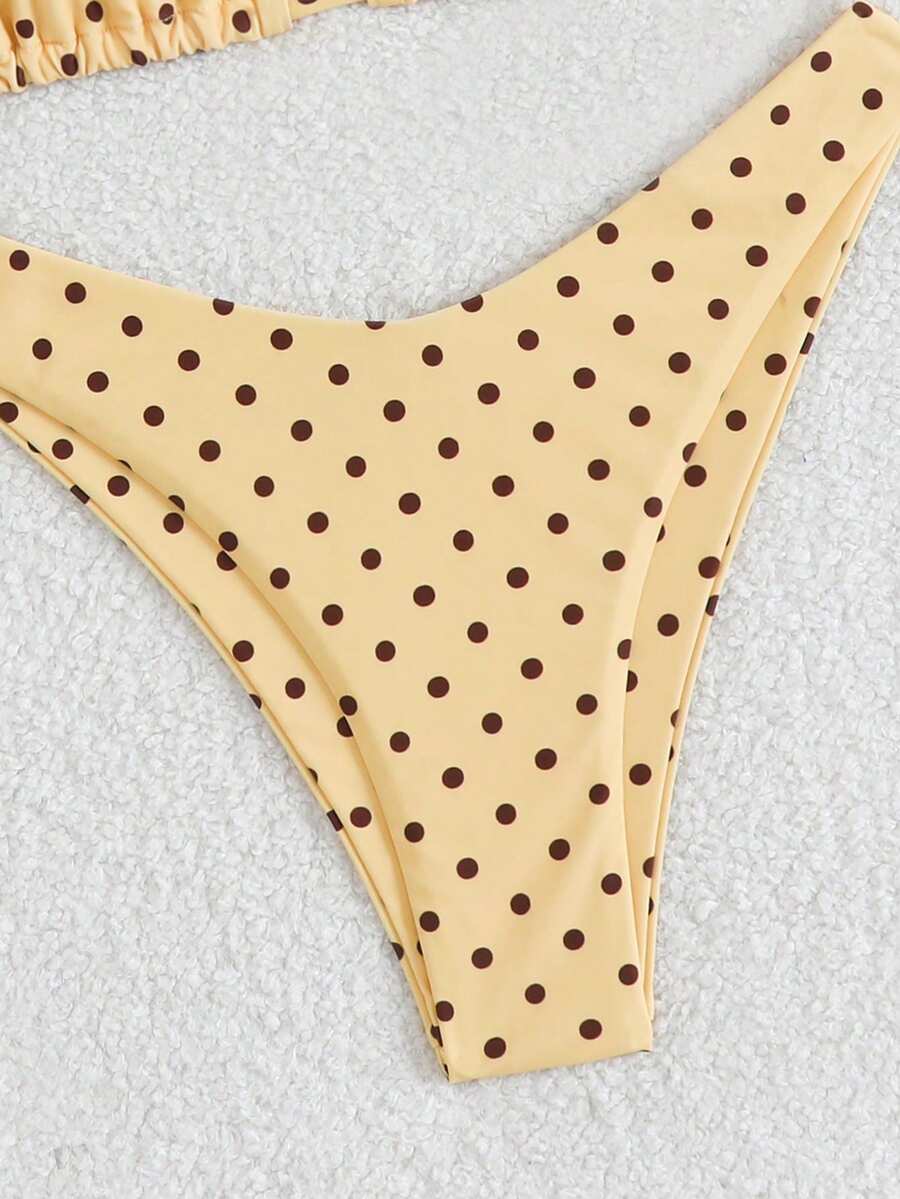 Polka dot halter bikini set for women featuring a back-tie triangle top with removable padding and high-waist high-cut bikini bottoms.
