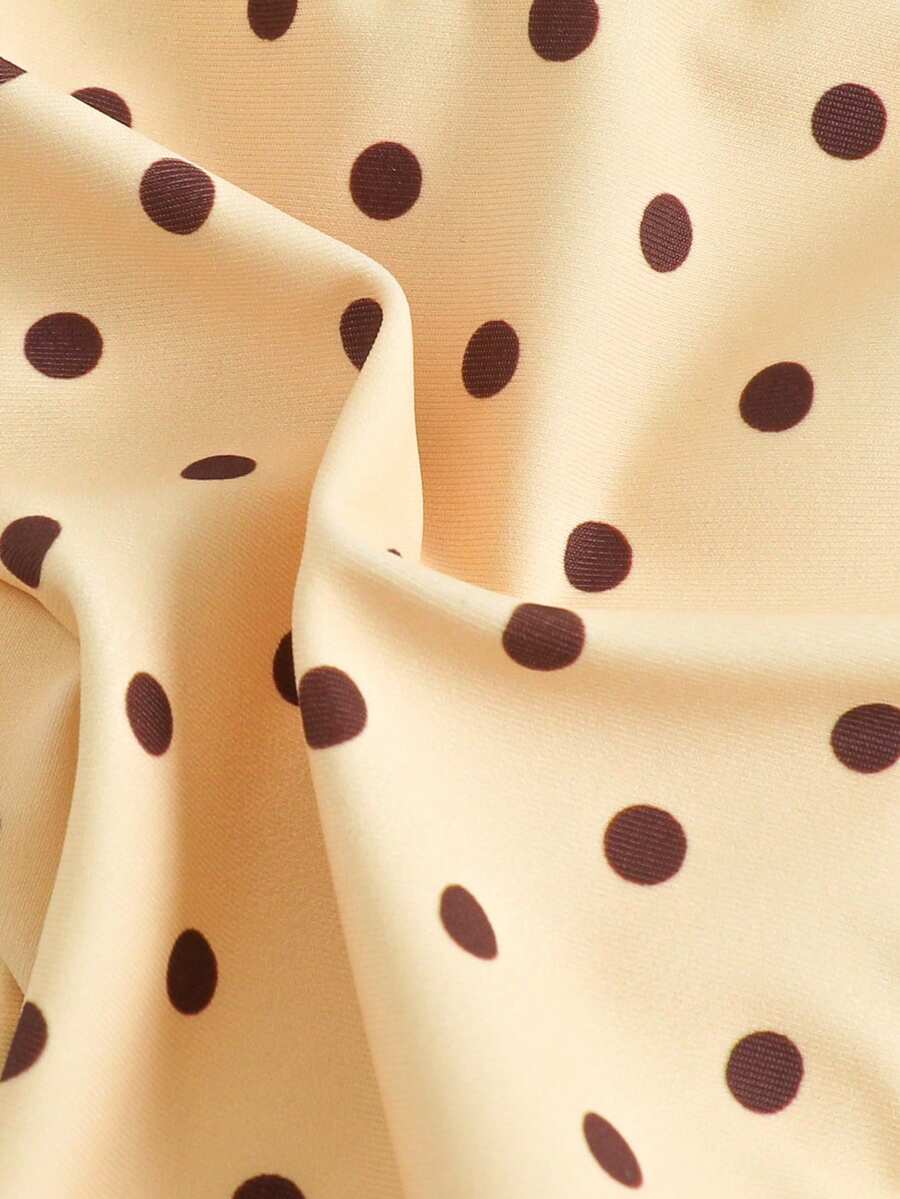 Polka dot halter bikini set for women featuring a back-tie triangle top with removable padding and high-waist high-cut bikini bottoms.