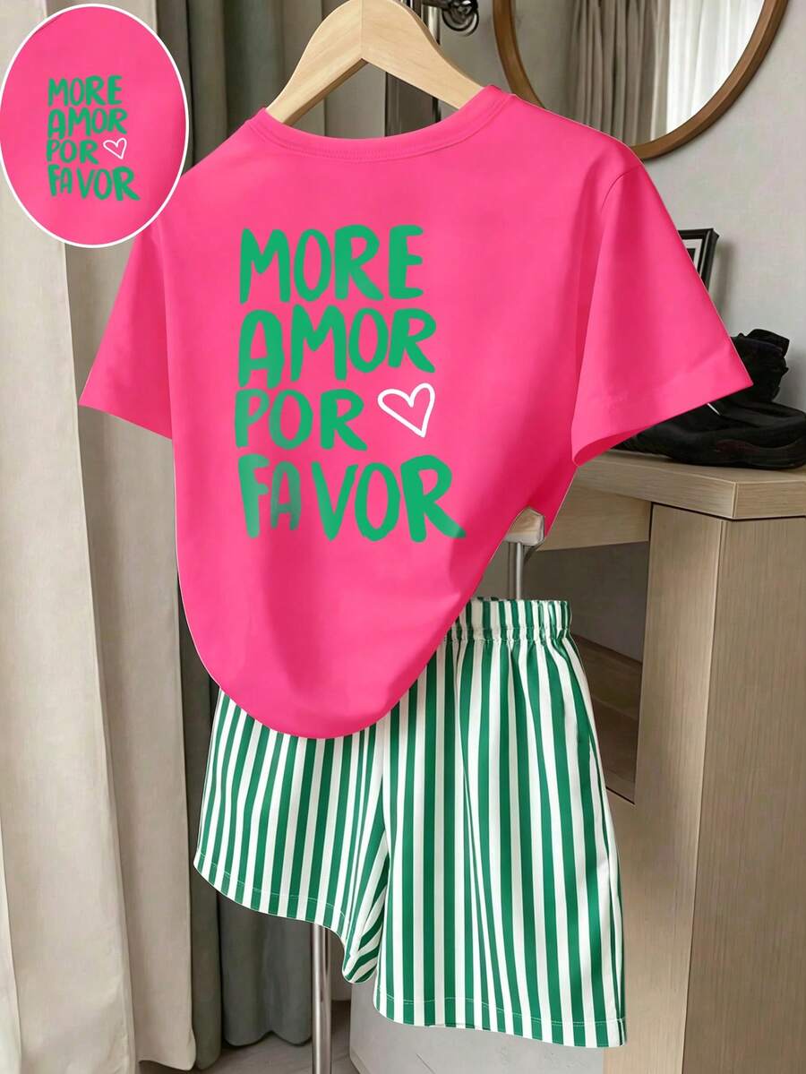 Girls' multicolor short sleeve T-shirt and shorts set featuring a cute cherry and bow print with round neck top and matching shorts.