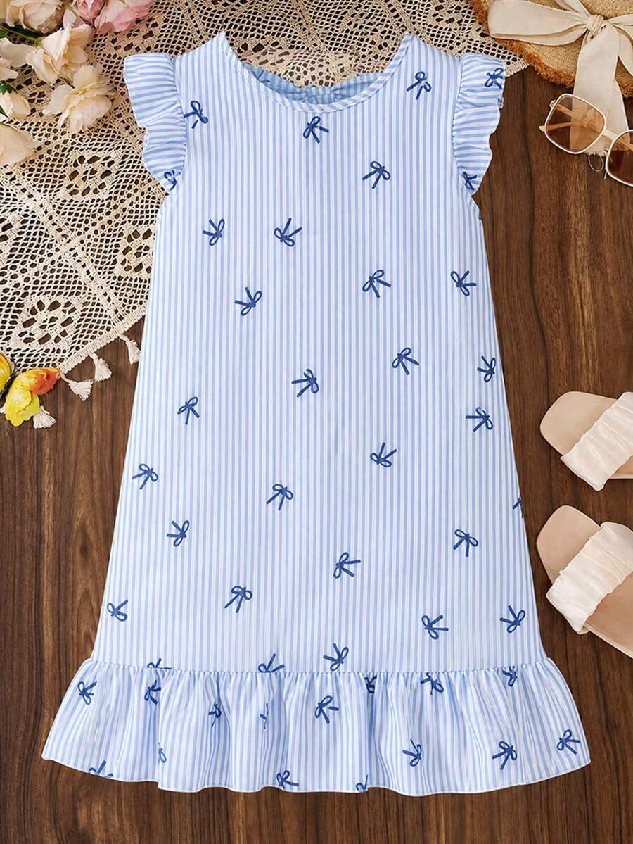 Tween girls apricot vacation midi dress featuring a round neck, cut out details, ruffle flounce accents, and geometric pattern.