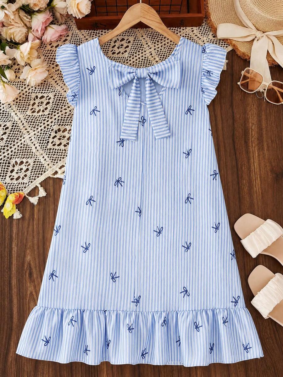 Tween girls apricot vacation midi dress featuring a round neck, cut out details, ruffle flounce accents, and geometric pattern.