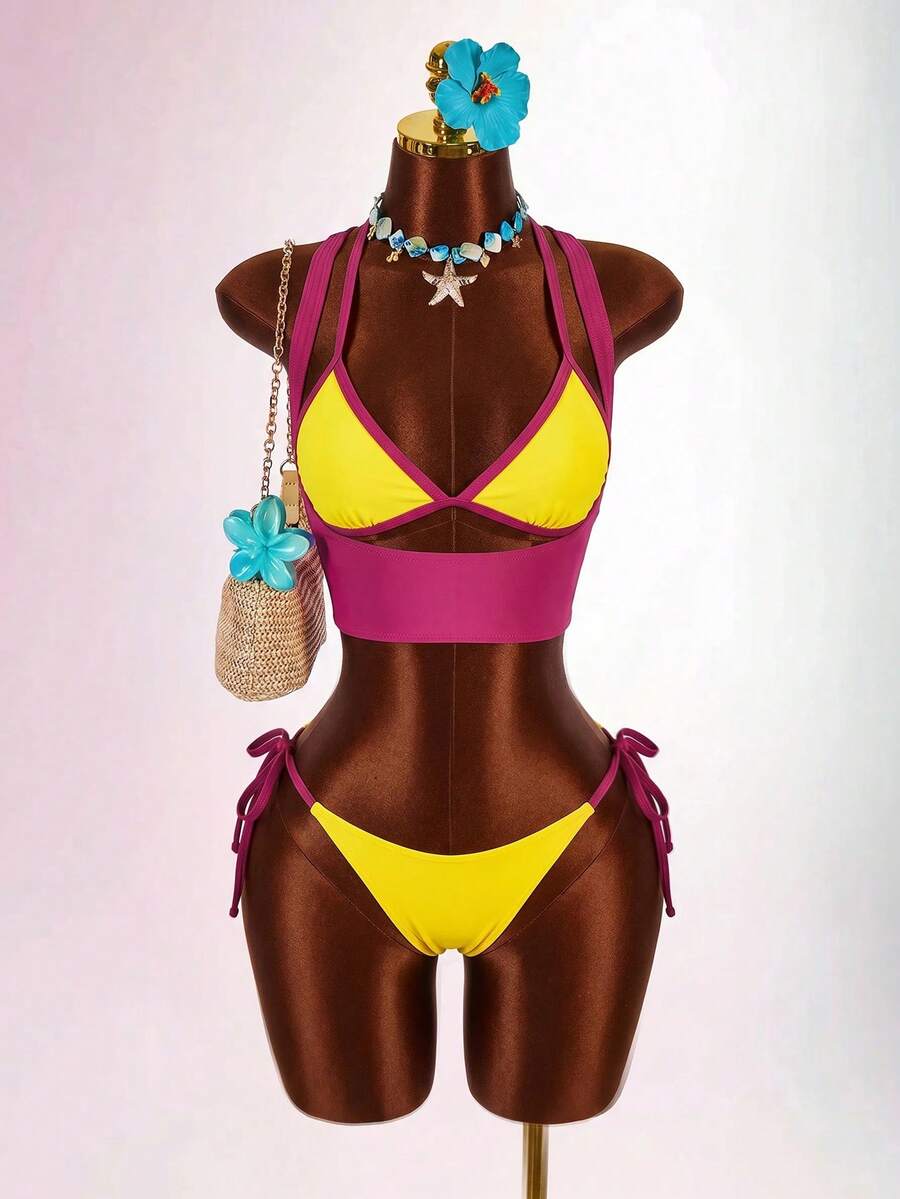 Blue 3-piece women's swimwear set featuring a 3D rose detailed triangle top with cutout tie closure and matching tie-side thong bottom.