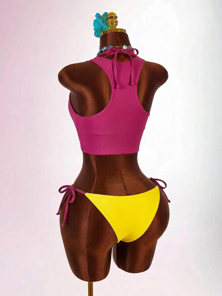Blue 3-piece women's swimwear set featuring a 3D rose detailed triangle top with cutout tie closure and matching tie-side thong bottom.