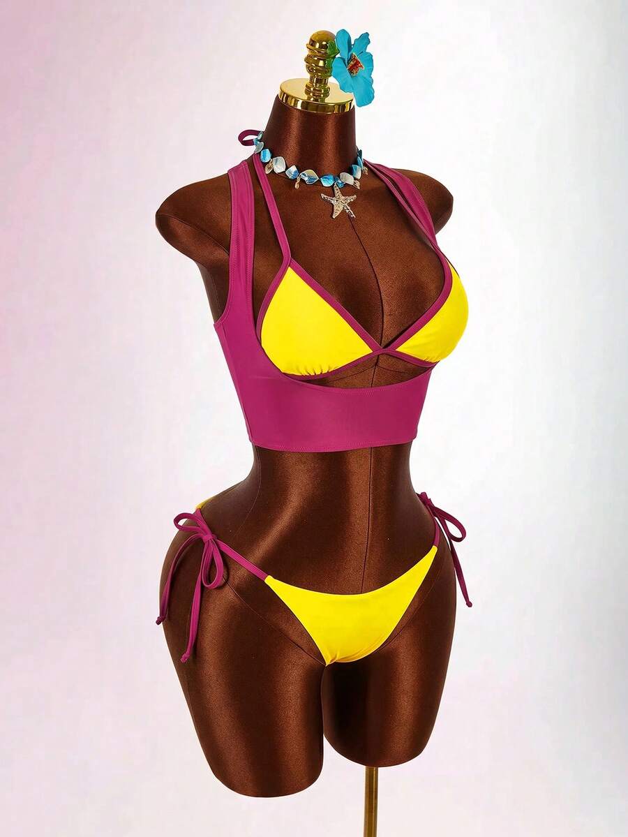 Blue 3-piece women's swimwear set featuring a 3D rose detailed triangle top with cutout tie closure and matching tie-side thong bottom.